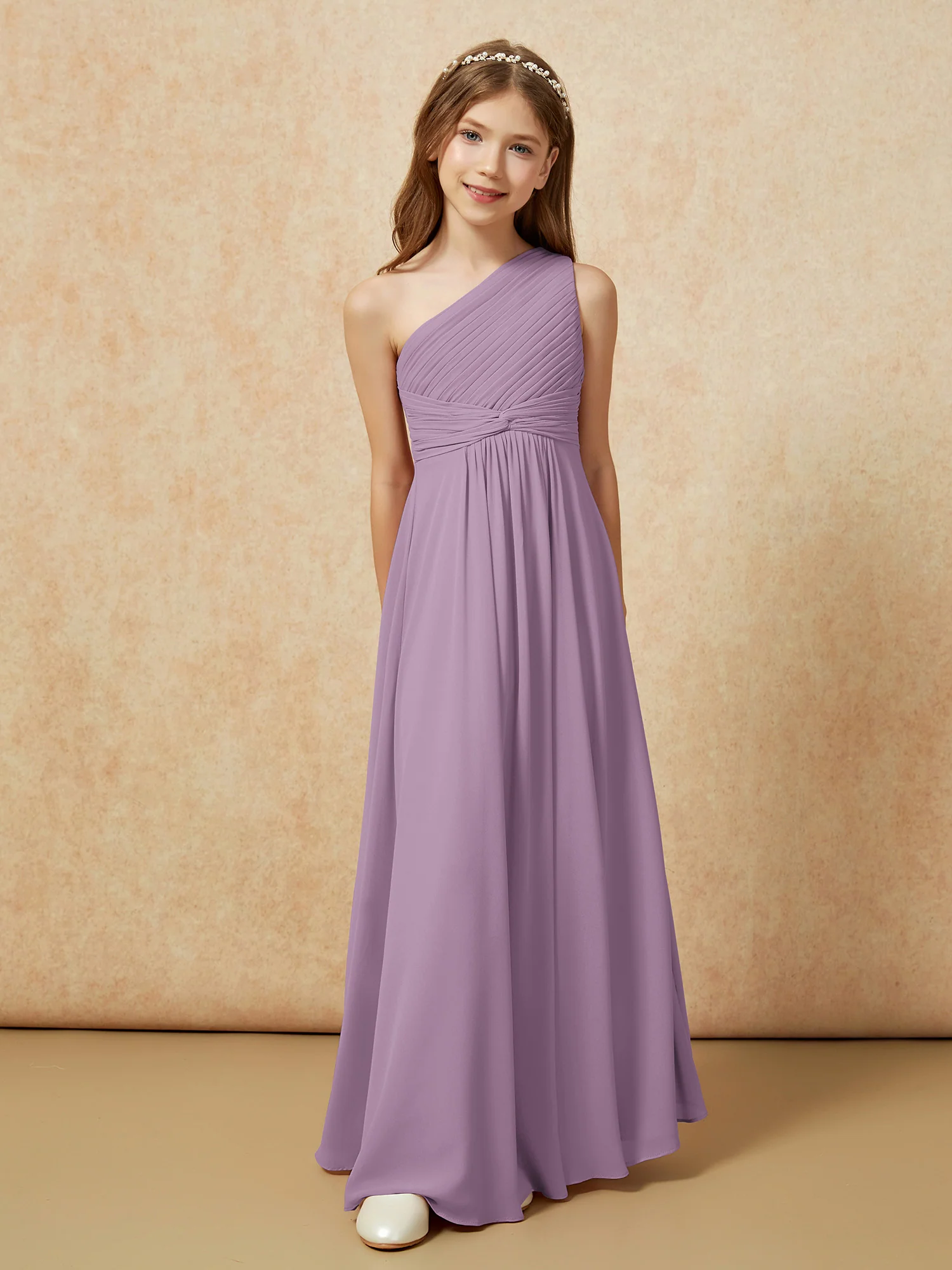 One Shoulder Pleated Chiffon Junior Bridesmaid Dress Wisteria