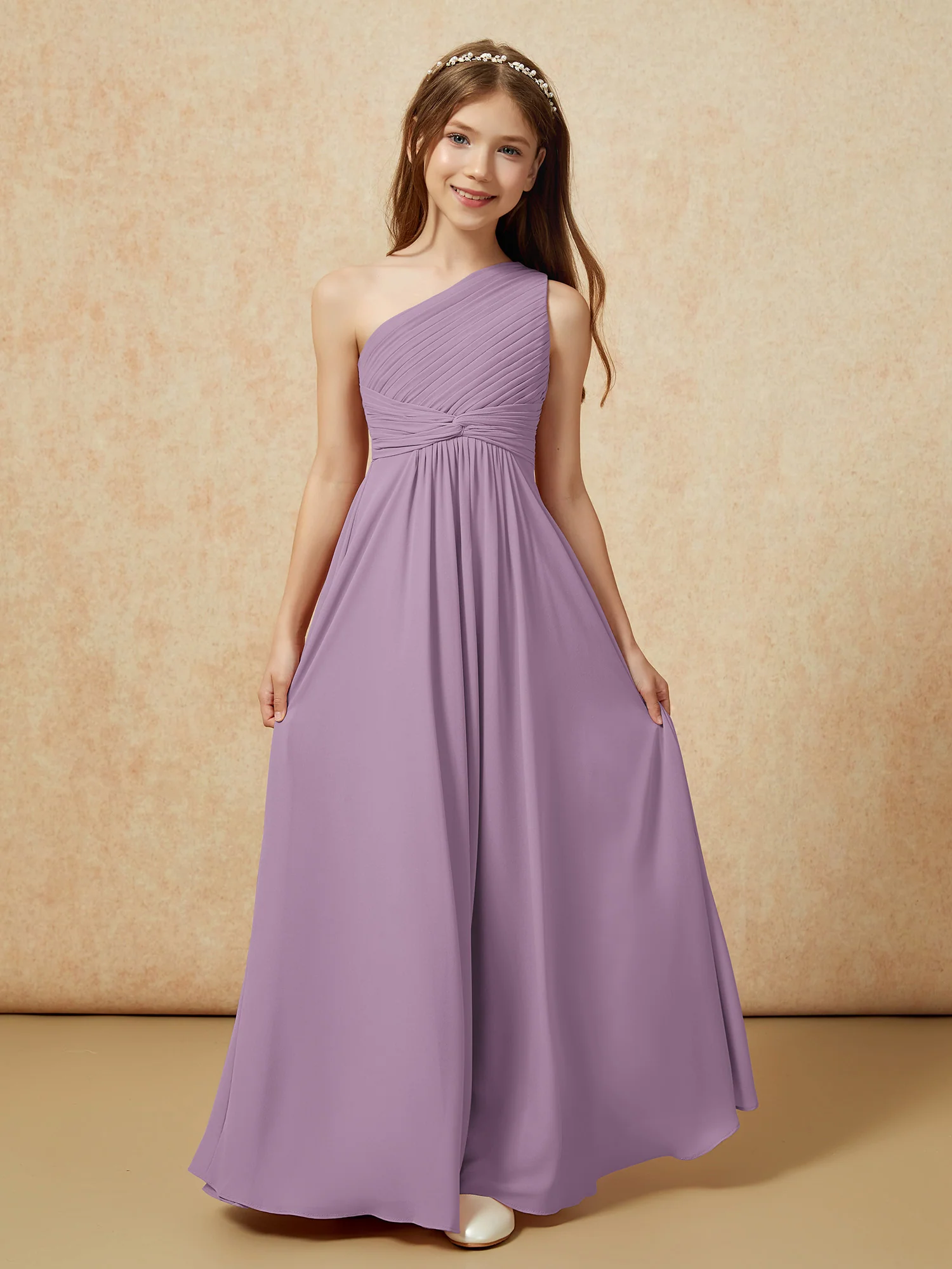 One Shoulder Pleated Chiffon Junior Bridesmaid Dress Wisteria - Image 4
