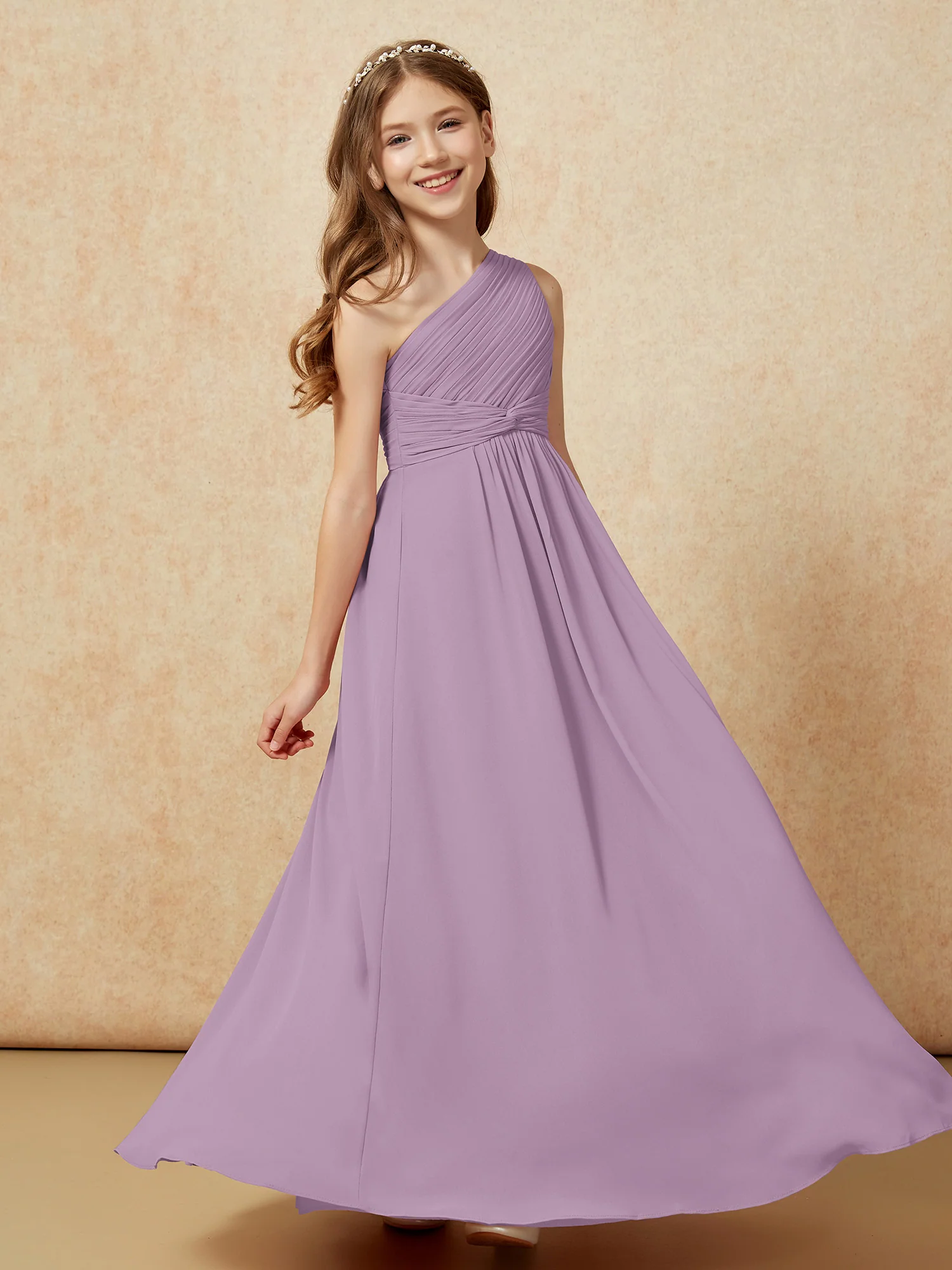 One Shoulder Pleated Chiffon Junior Bridesmaid Dress Wisteria - Image 5