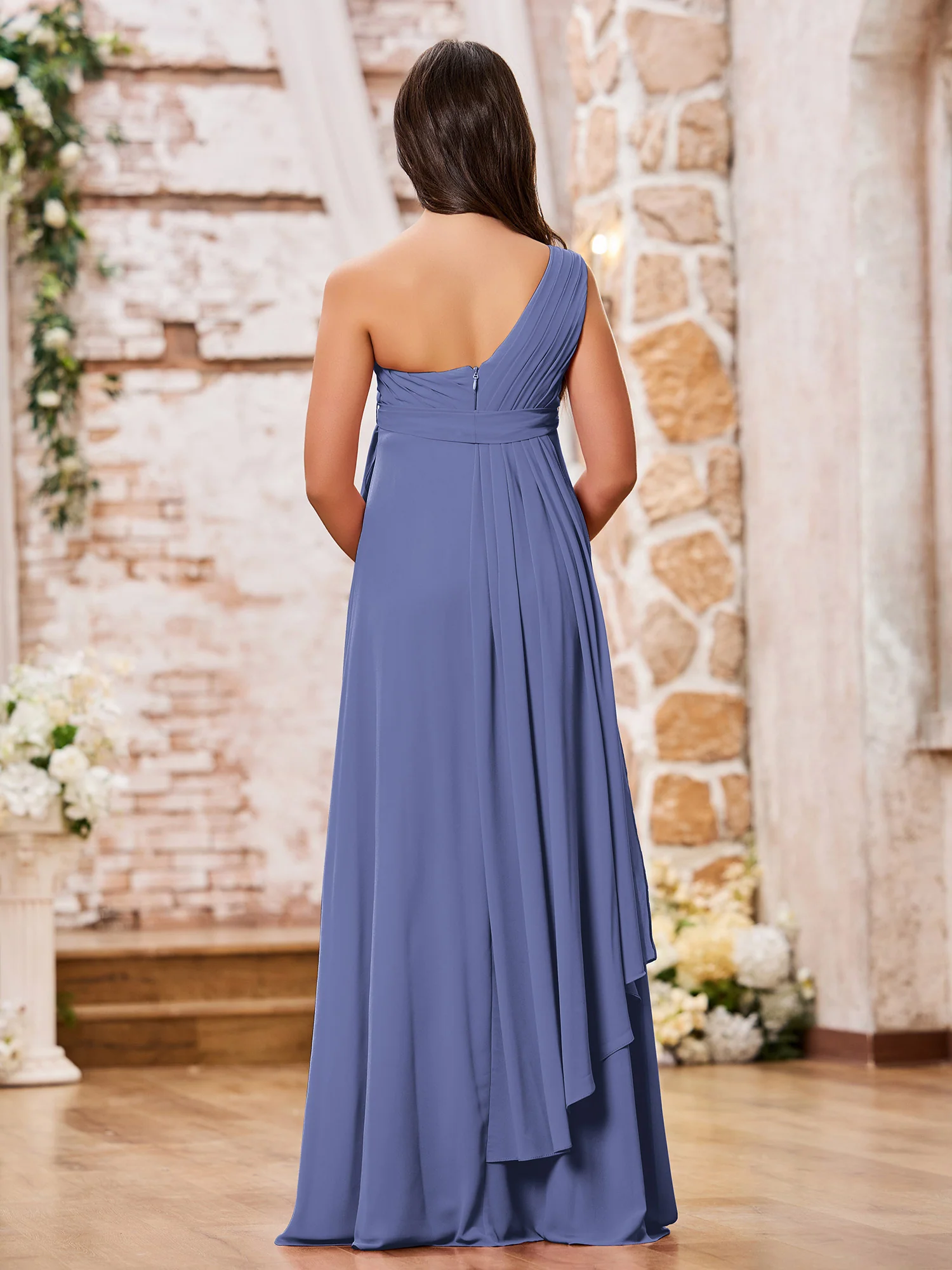 One Shoulder Rcuhed Chiffon Long Dresses With Belt Periwinkle - Image 2