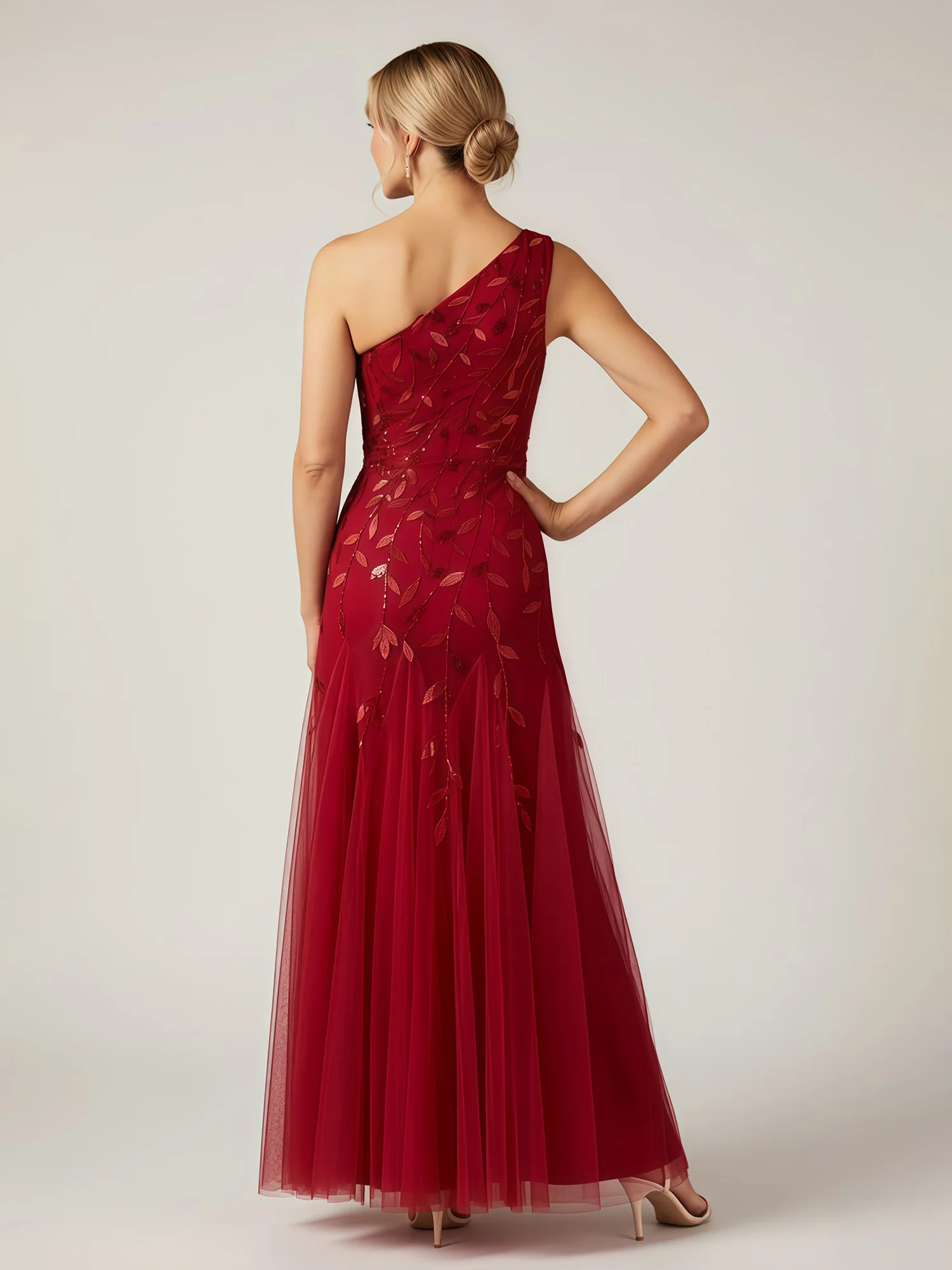 One Shoulder Sequins Appliqued Tulle Long Dress Burgundy - Image 2