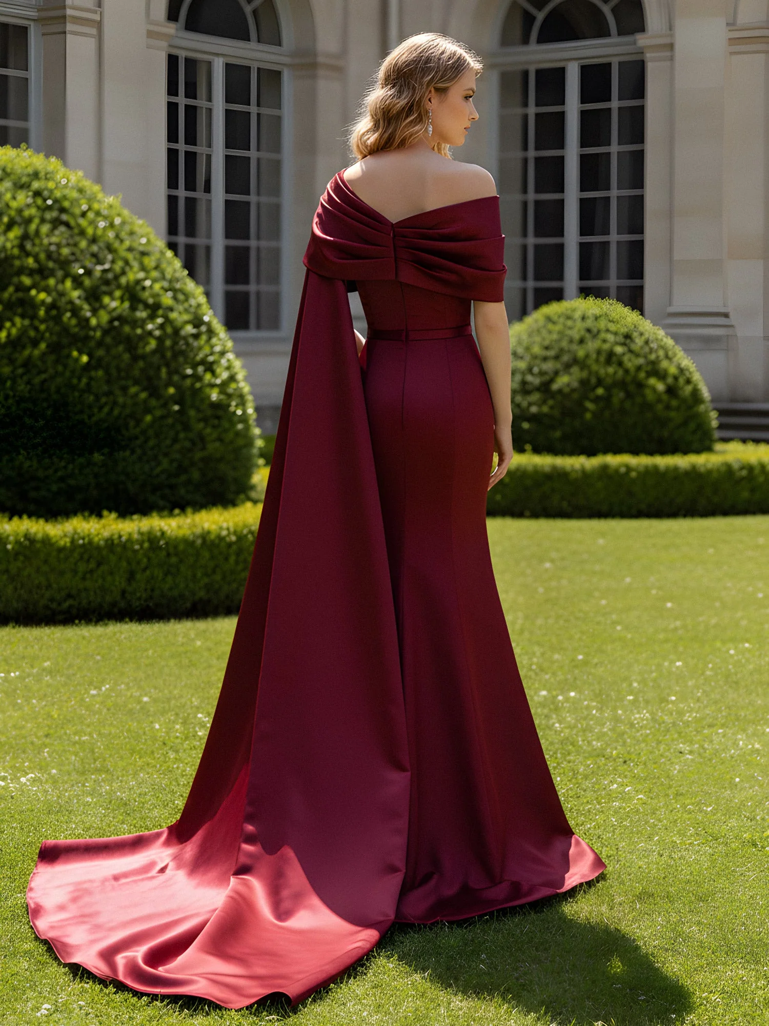 One Shoulder Sheath Long Slit Dress With Cape Champagne - Image 2