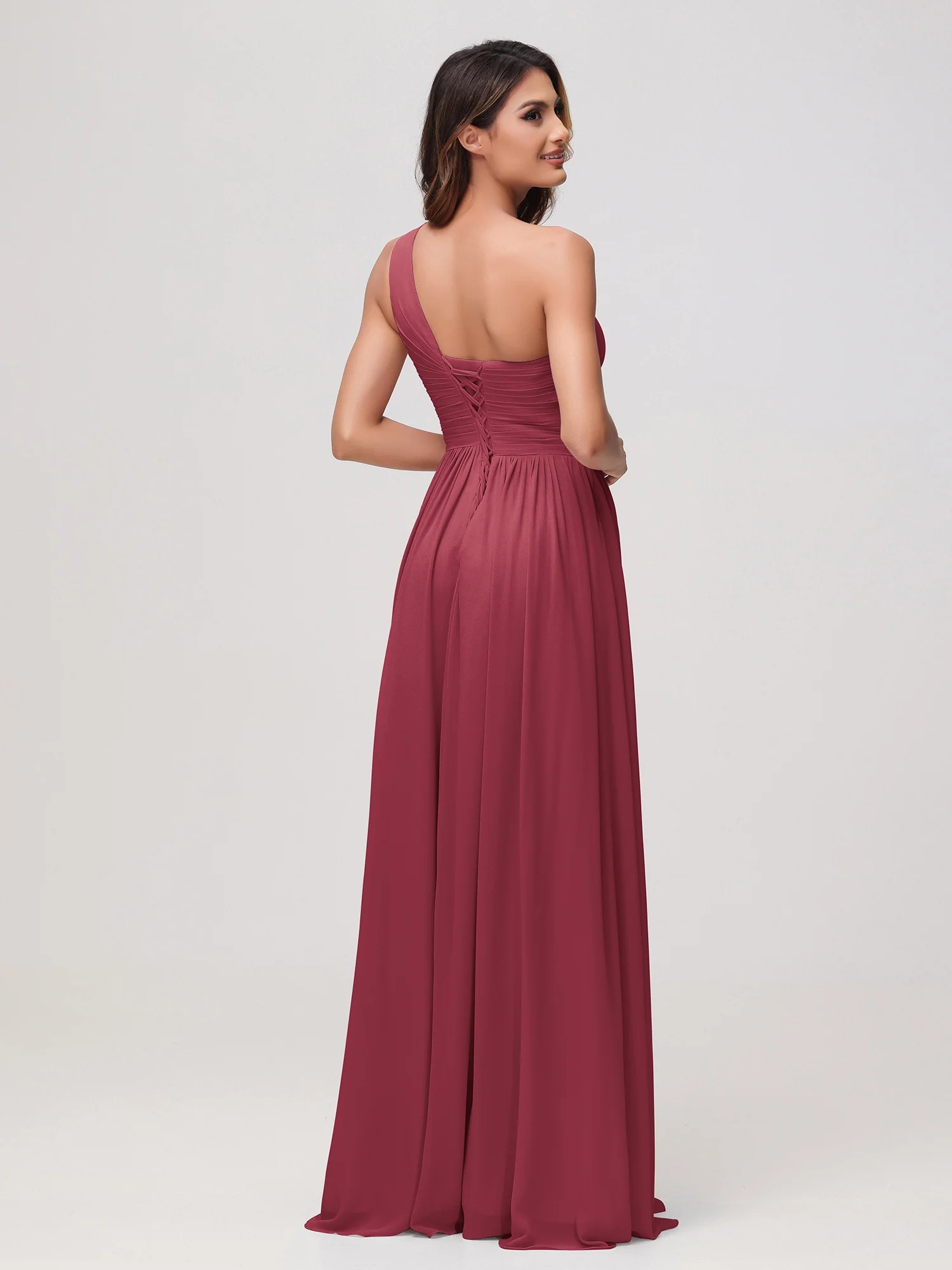 One Shoulder Sleeveless Ruched Chiffon A-line Dress Cinnamon Rose - Image 2