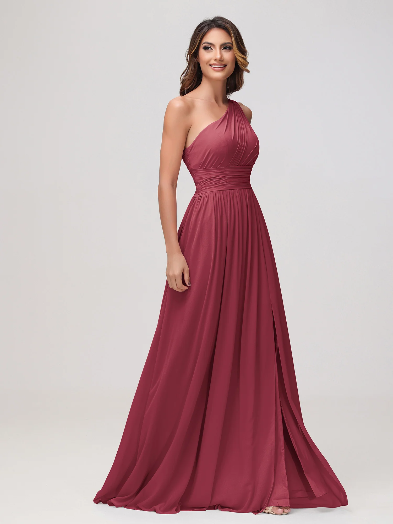 One Shoulder Sleeveless Ruched Chiffon A-line Dress Cinnamon Rose - Image 3