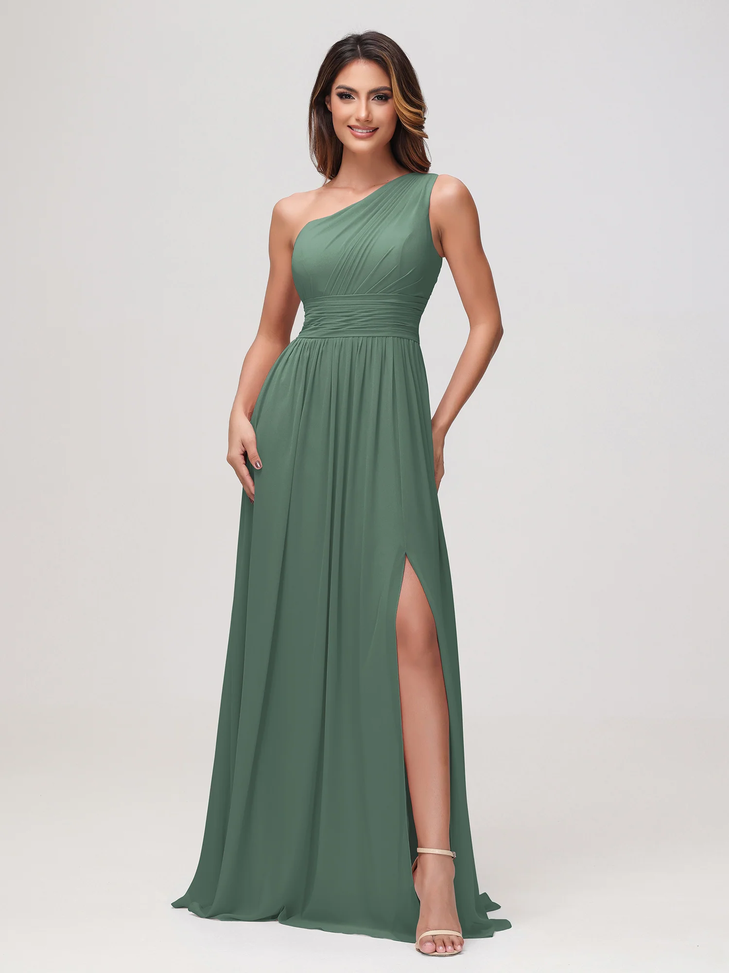 One Shoulder Sleeveless Ruched Chiffon A-line Dress Eucalyptus