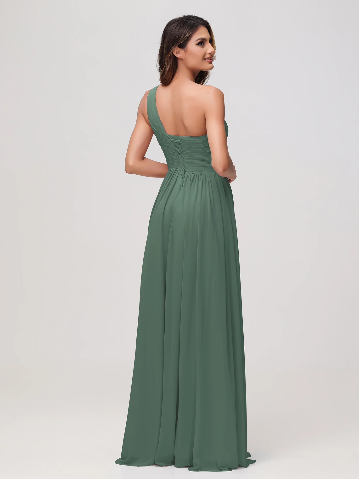 One Shoulder Sleeveless Ruched Chiffon A-line Dress Eucalyptus - Image 2