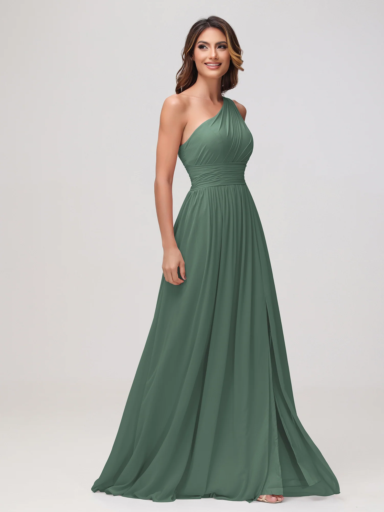 One Shoulder Sleeveless Ruched Chiffon A-line Dress Eucalyptus - Image 3