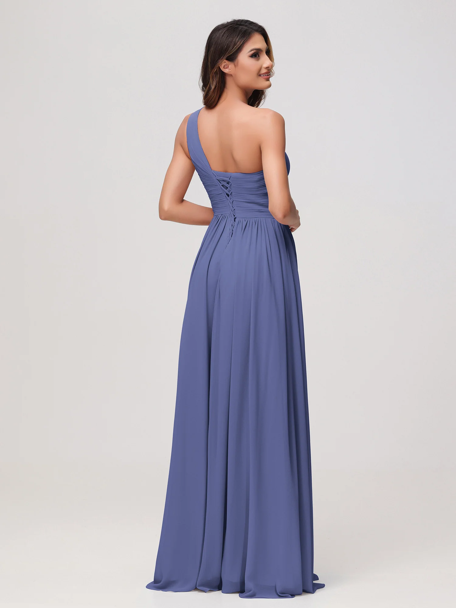 One Shoulder Sleeveless Ruched Chiffon A-line Dress Periwinkle - Image 2