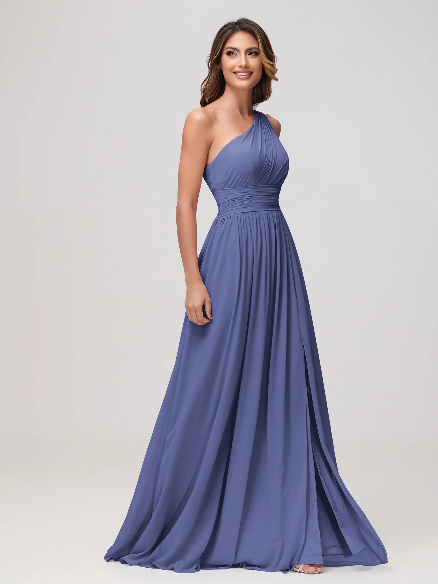 One Shoulder Sleeveless Ruched Chiffon A-line Dress Periwinkle - Image 3