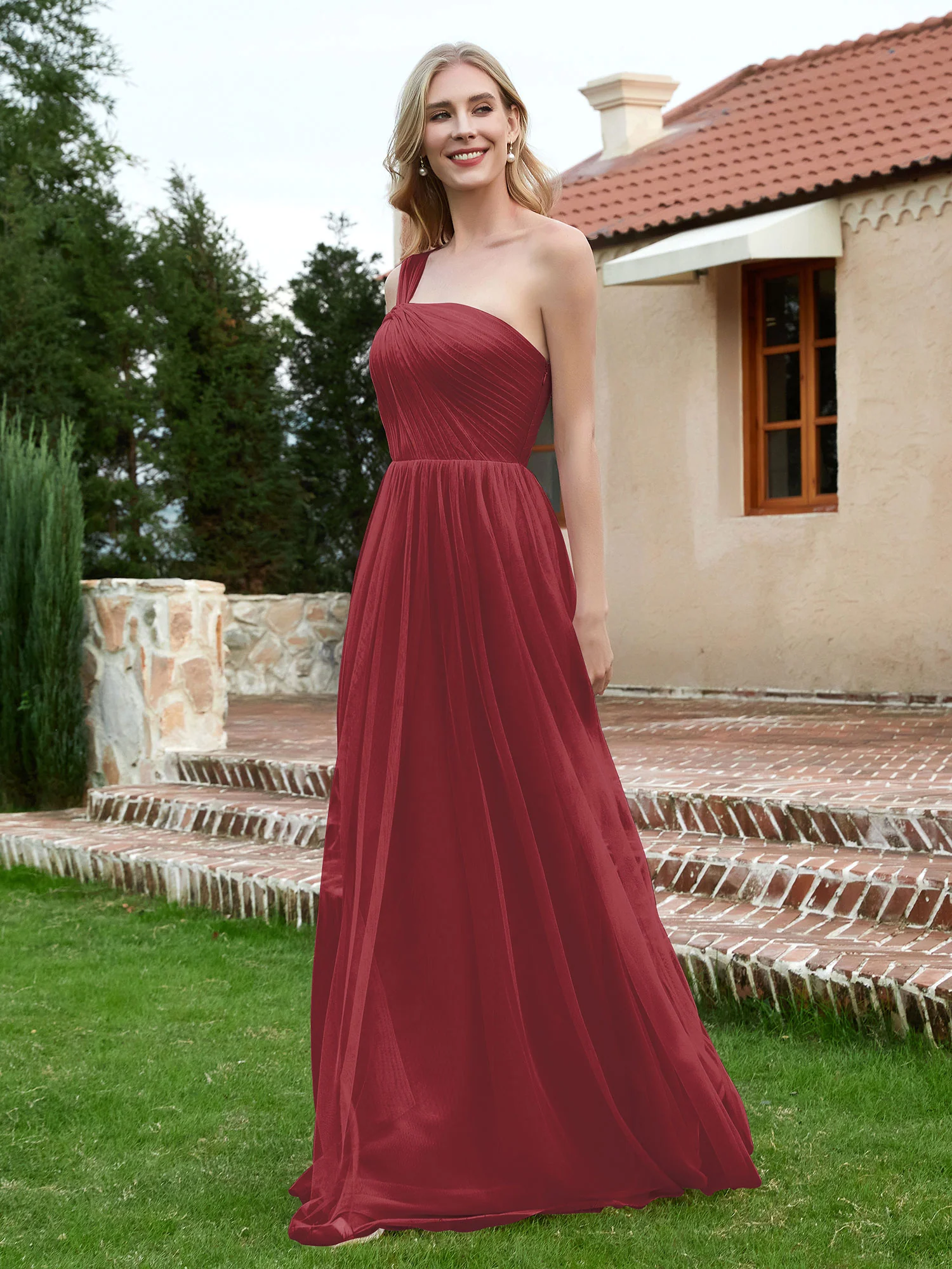 One Shoulder Tulle Long Bridesmaid Gown Cinnamon Rose - Image 3