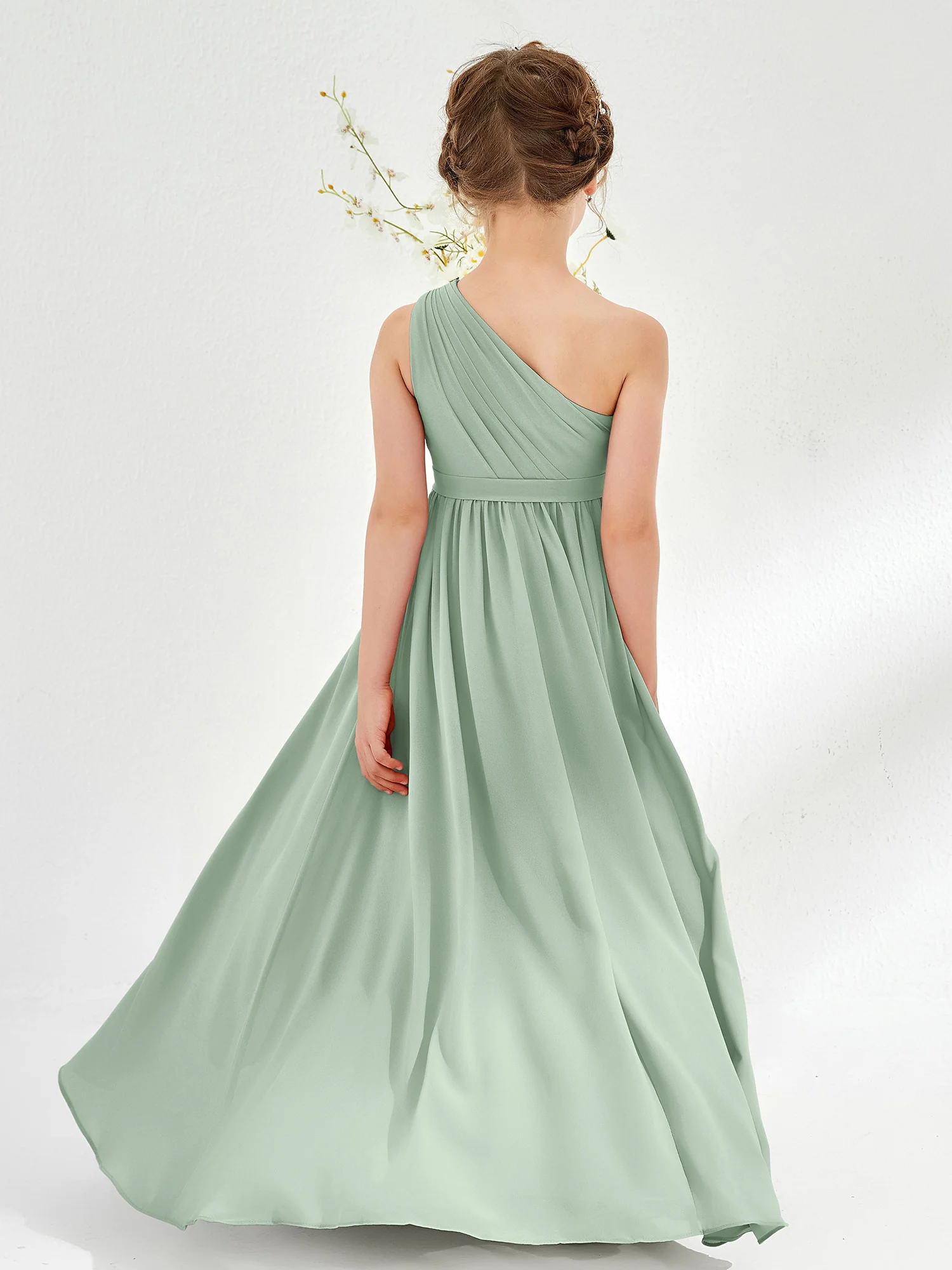 One Shoulder Pleated Chiffon Junior Bridesmaid Dress Agave - Image 2