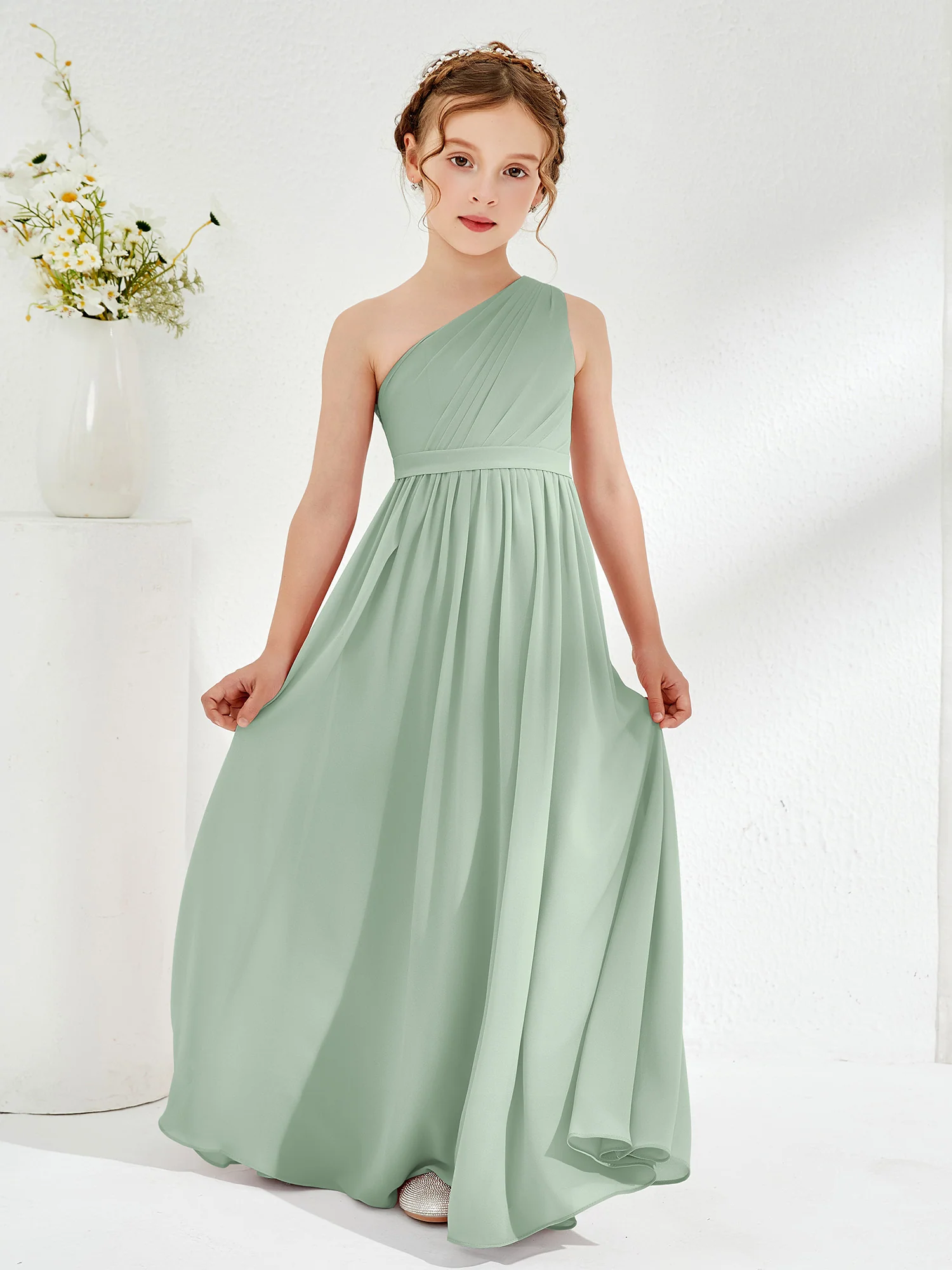 One Shoulder Pleated Chiffon Junior Bridesmaid Dress Agave - Image 3