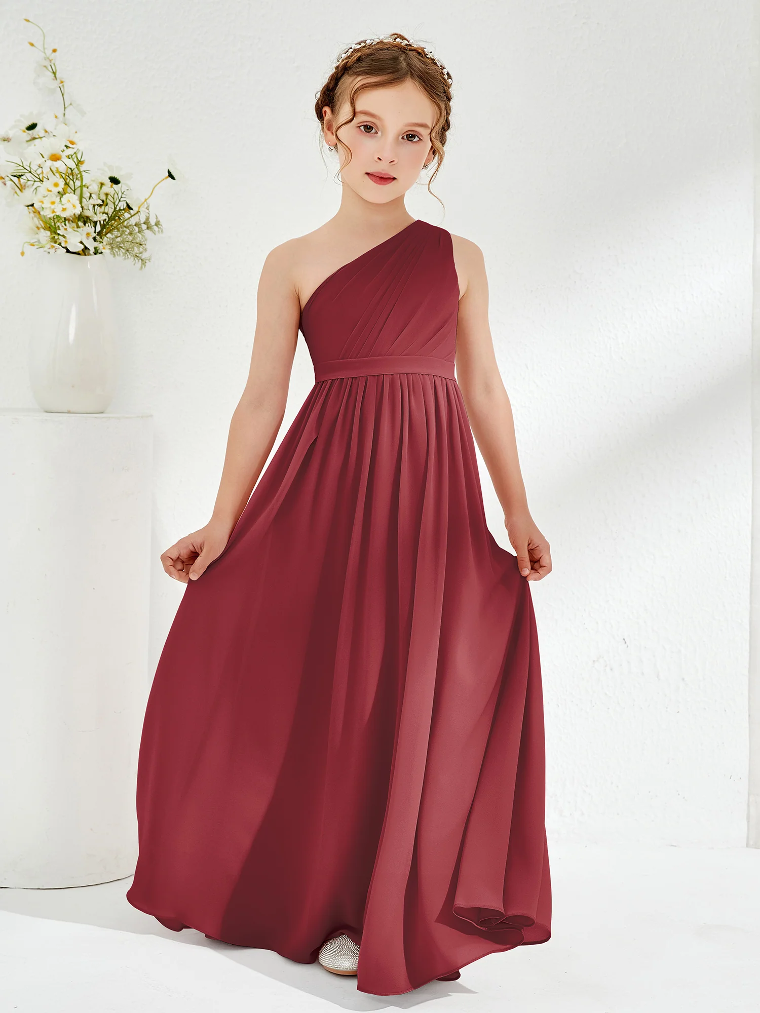 One Shoulder Pleated Chiffon Junior Bridesmaid Dress Cinnamon Rose - Image 3