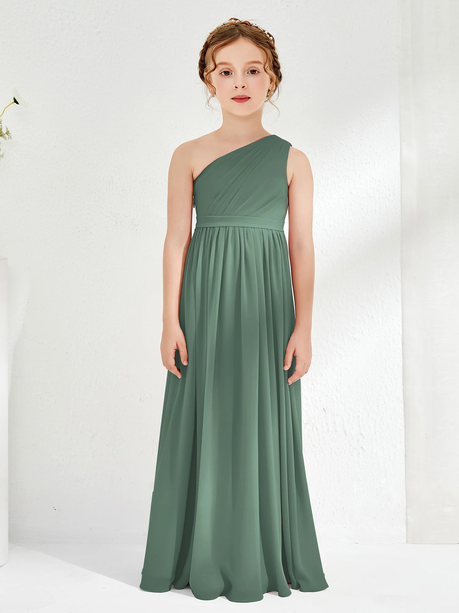 One Shoulder Pleated Chiffon Junior Bridesmaid Dress Eucalyptus