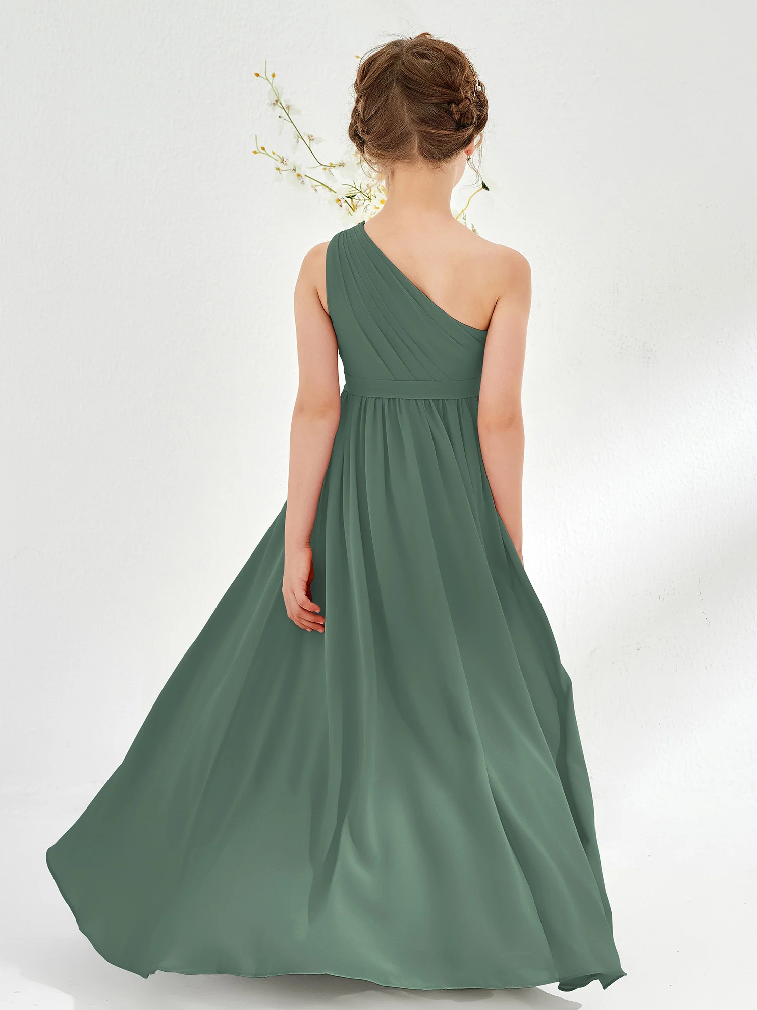 One Shoulder Pleated Chiffon Junior Bridesmaid Dress Eucalyptus - Image 2