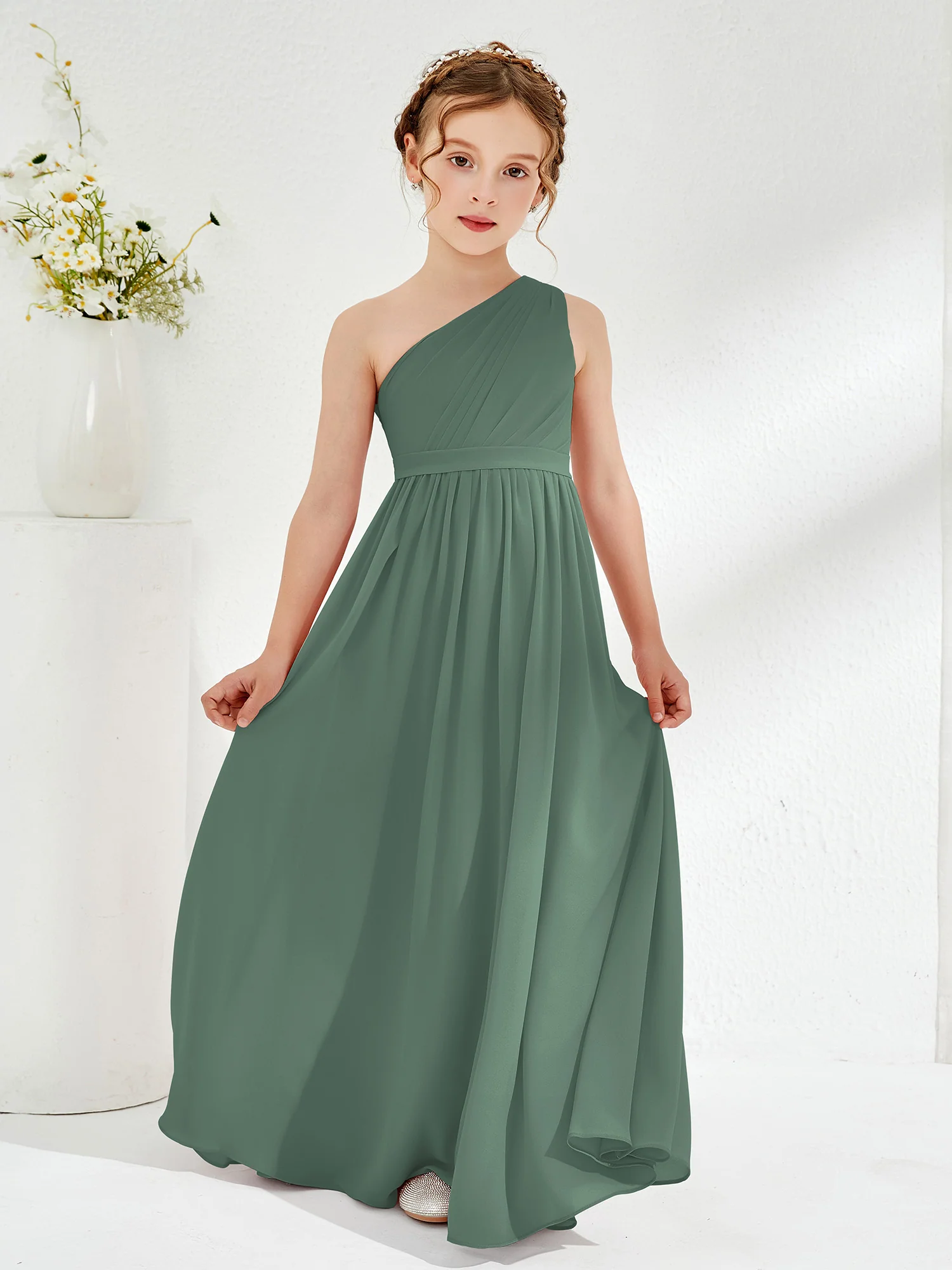One Shoulder Pleated Chiffon Junior Bridesmaid Dress Eucalyptus - Image 3