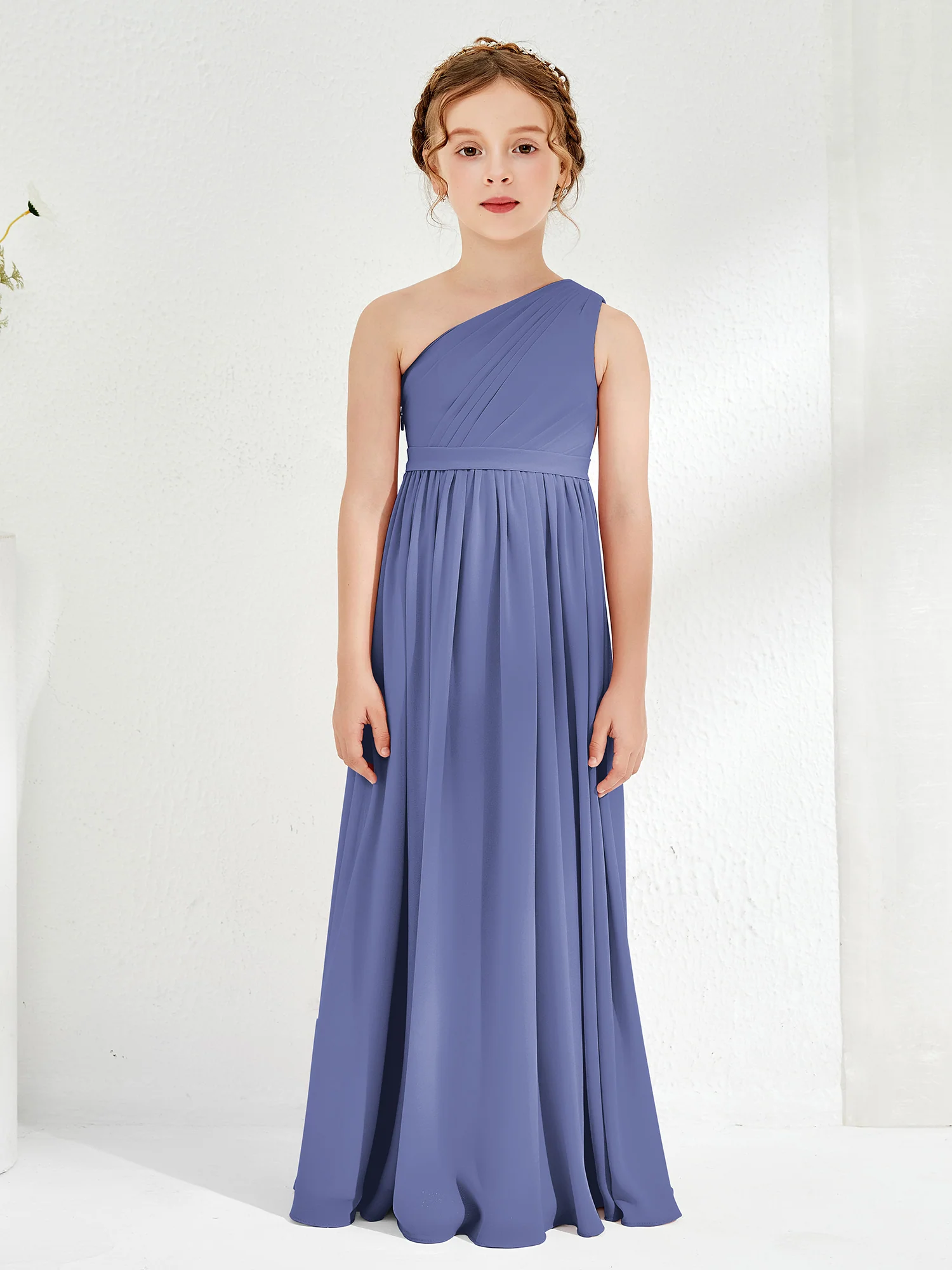 One Shoulder Pleated Chiffon Junior Bridesmaid Dress Periwinkle