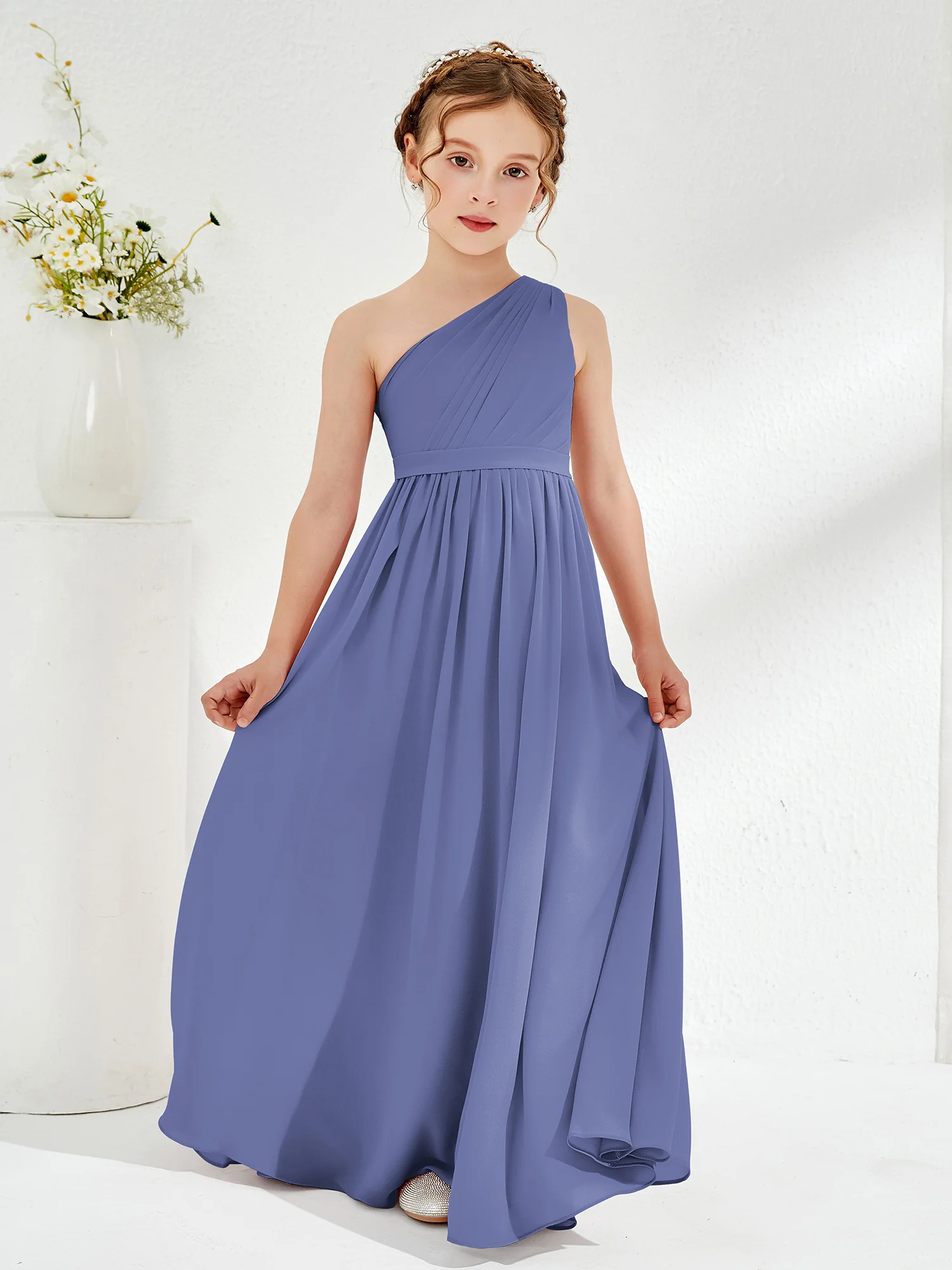 One Shoulder Pleated Chiffon Junior Bridesmaid Dress Periwinkle - Image 3
