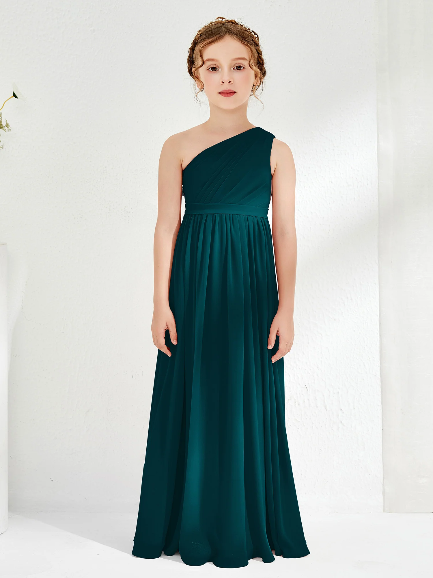 One Shoulder Pleated Chiffon Junior Bridesmaid Dress Pine