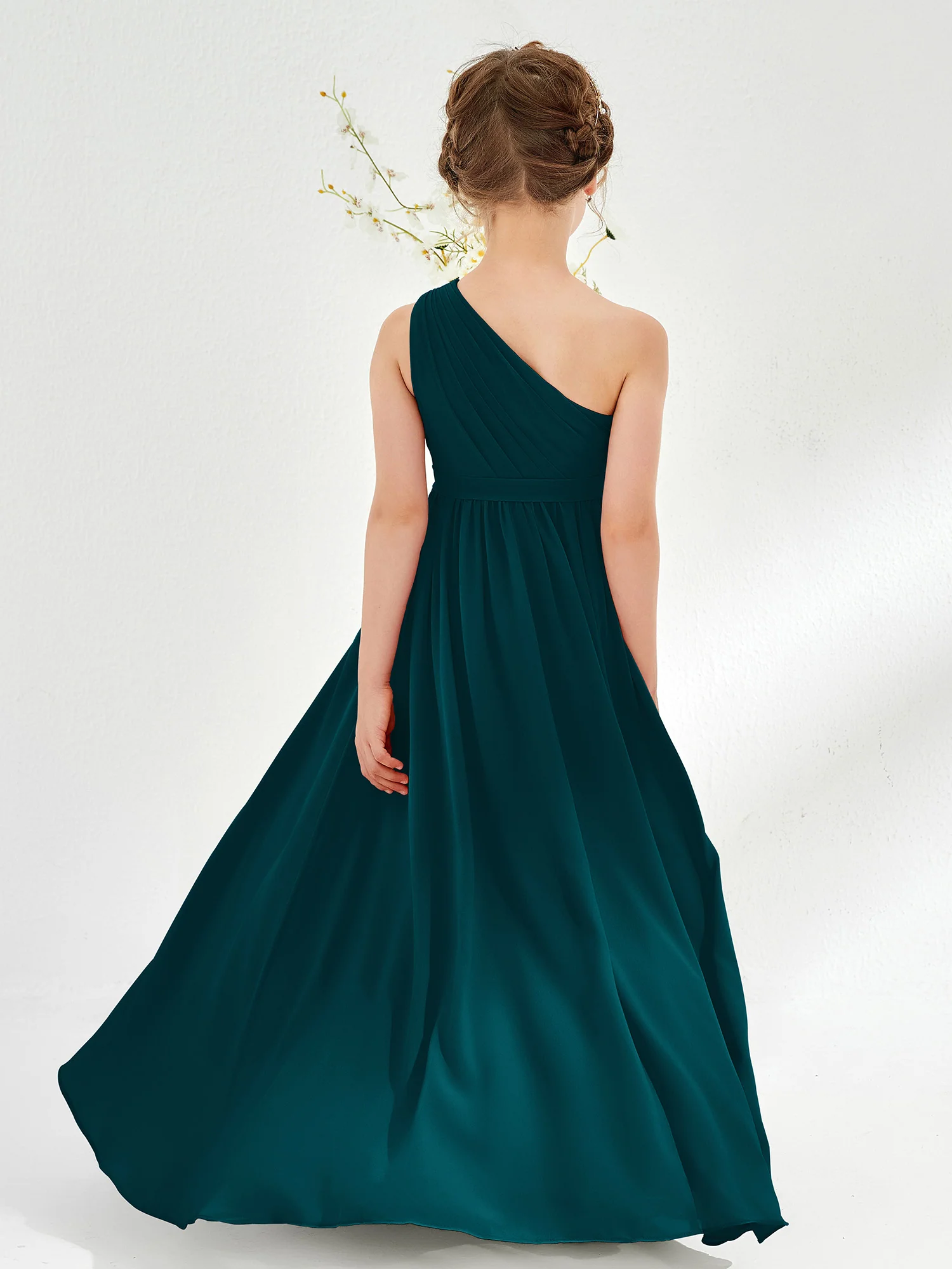 One Shoulder Pleated Chiffon Junior Bridesmaid Dress Pine - Image 2
