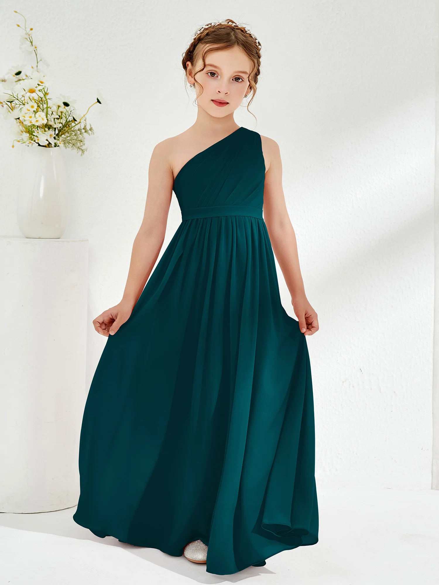 One Shoulder Pleated Chiffon Junior Bridesmaid Dress Pine - Image 3