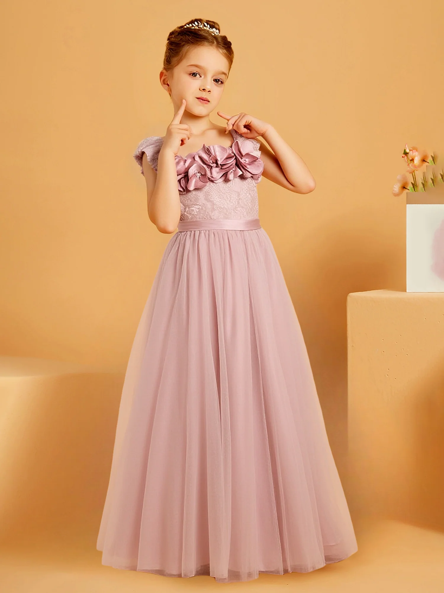 Lace Top Full Tulle Skirt Floor Length Flower Girl Dress Dusty Rose