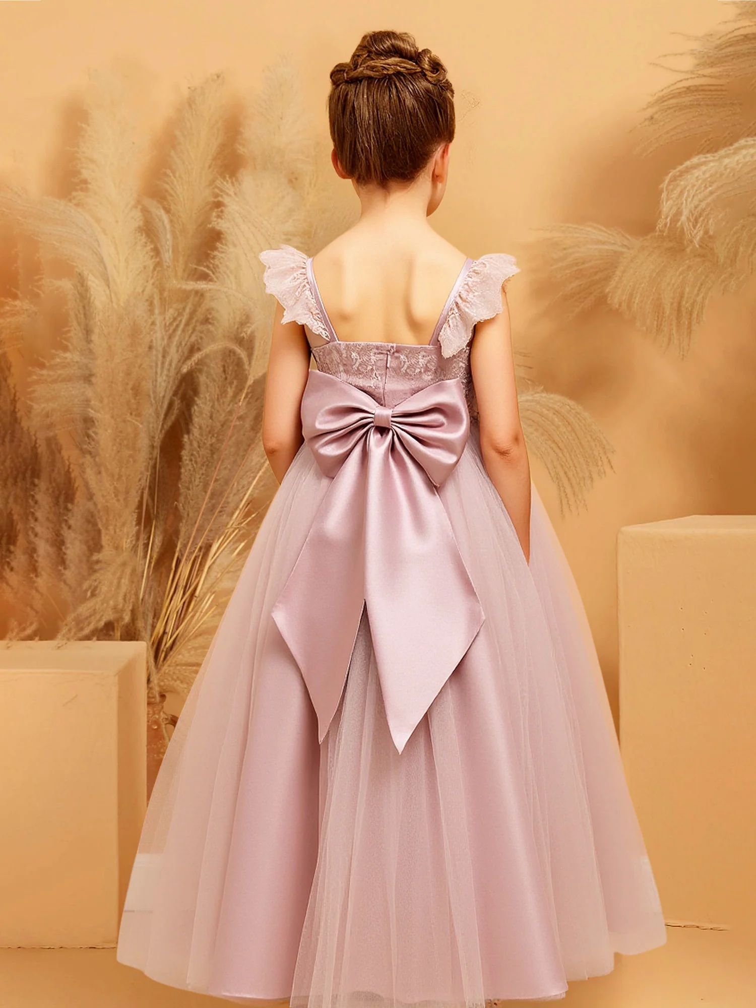 Lace Top Full Tulle Skirt Floor Length Flower Girl Dress Dusty Rose - Image 2
