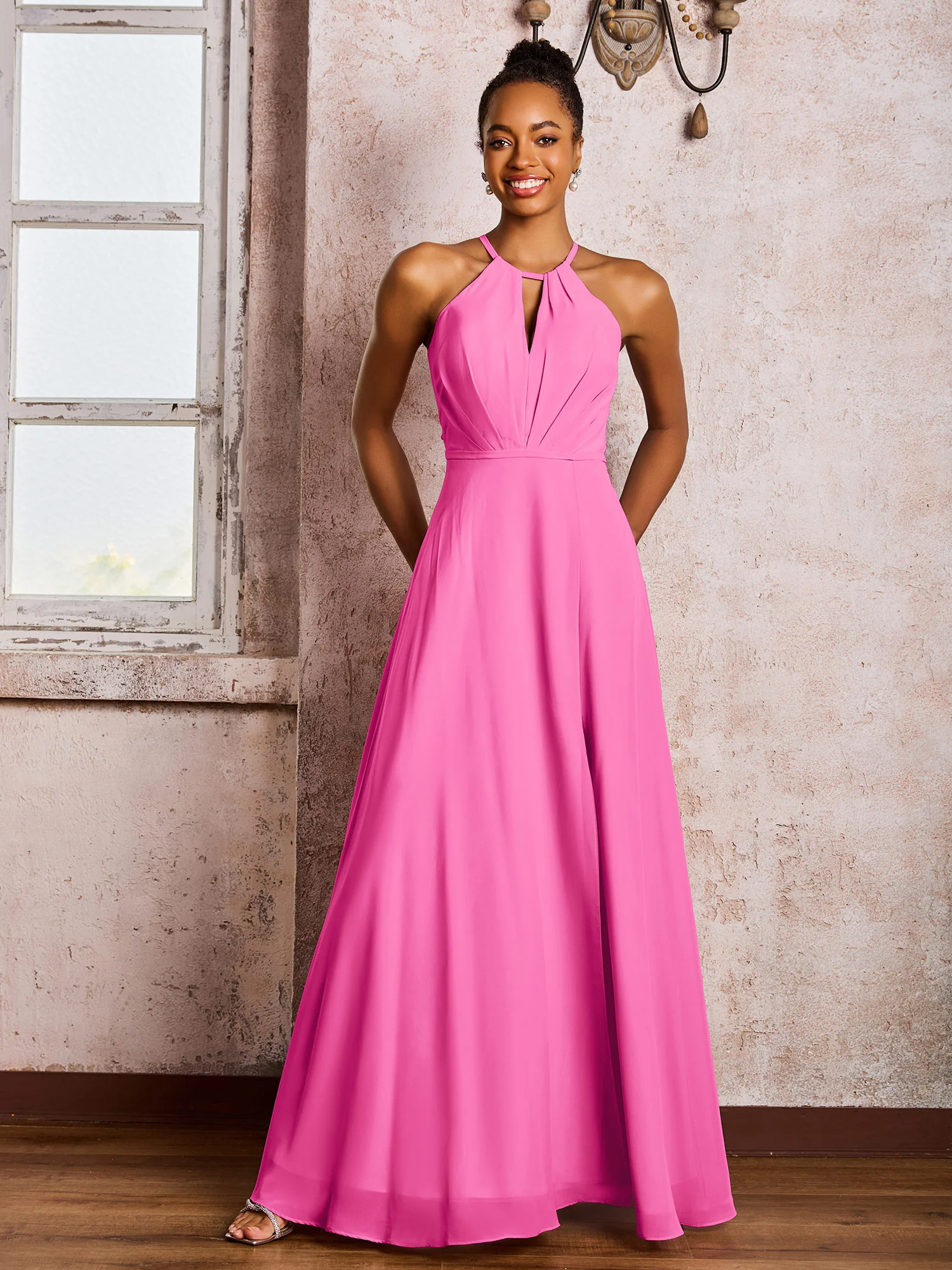 Open Back Halter Bow Chiffon Long Dresses with Slit Azalea - Image 3