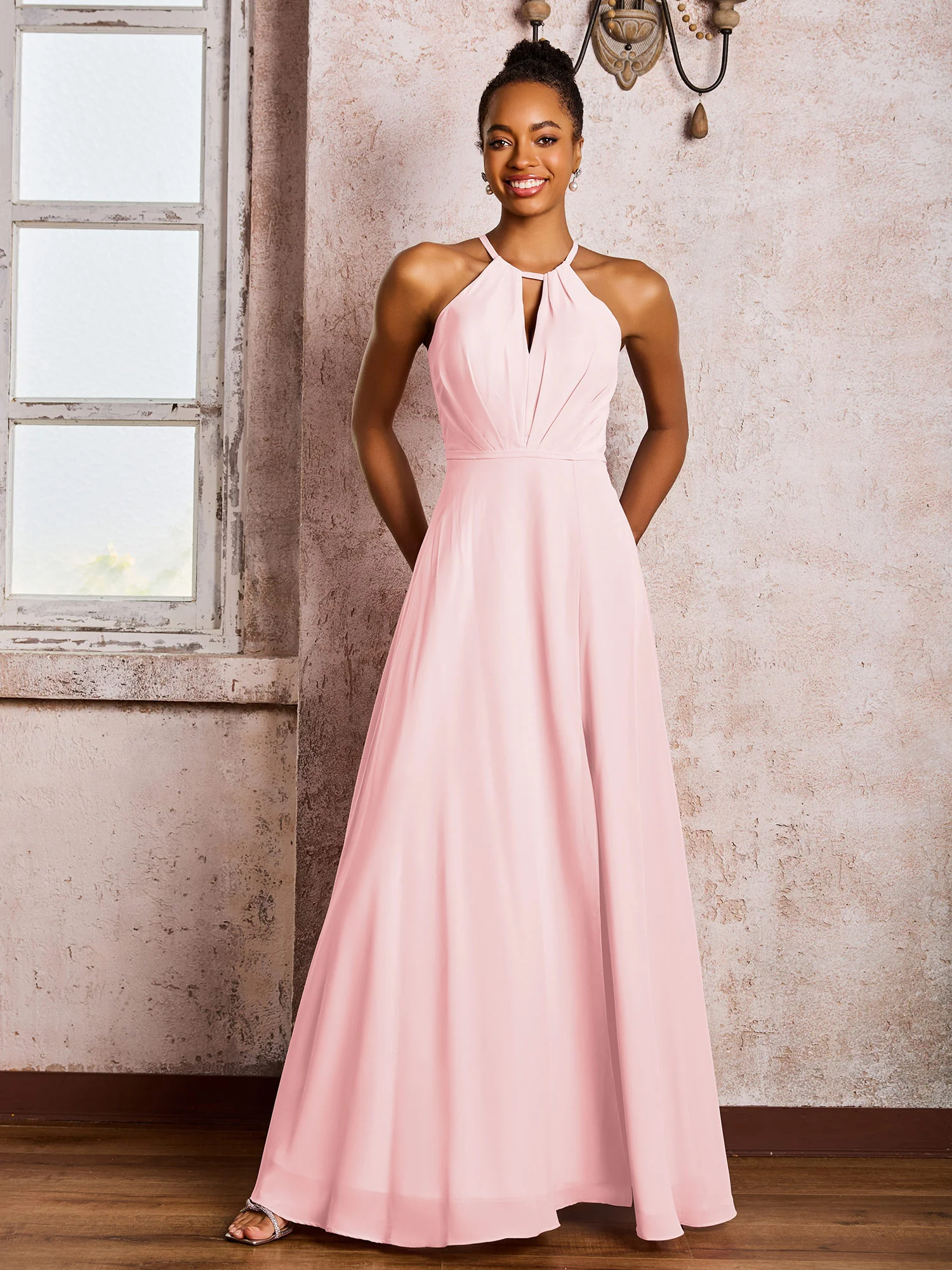 Open Back Halter Bow Chiffon Long Dresses with Slit Blushing Pink - Image 3