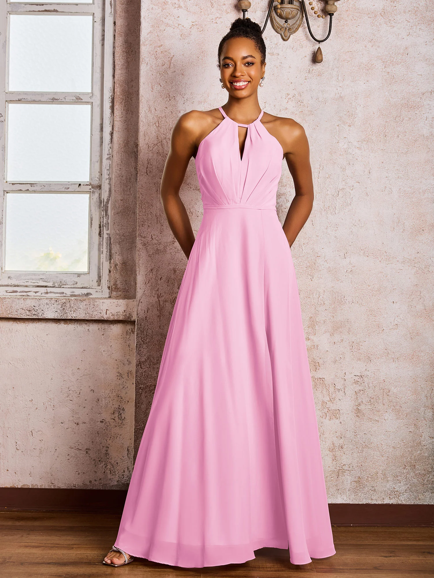 Open Back Halter Bow Chiffon Long Dresses with Slit Candy Pink - Image 3