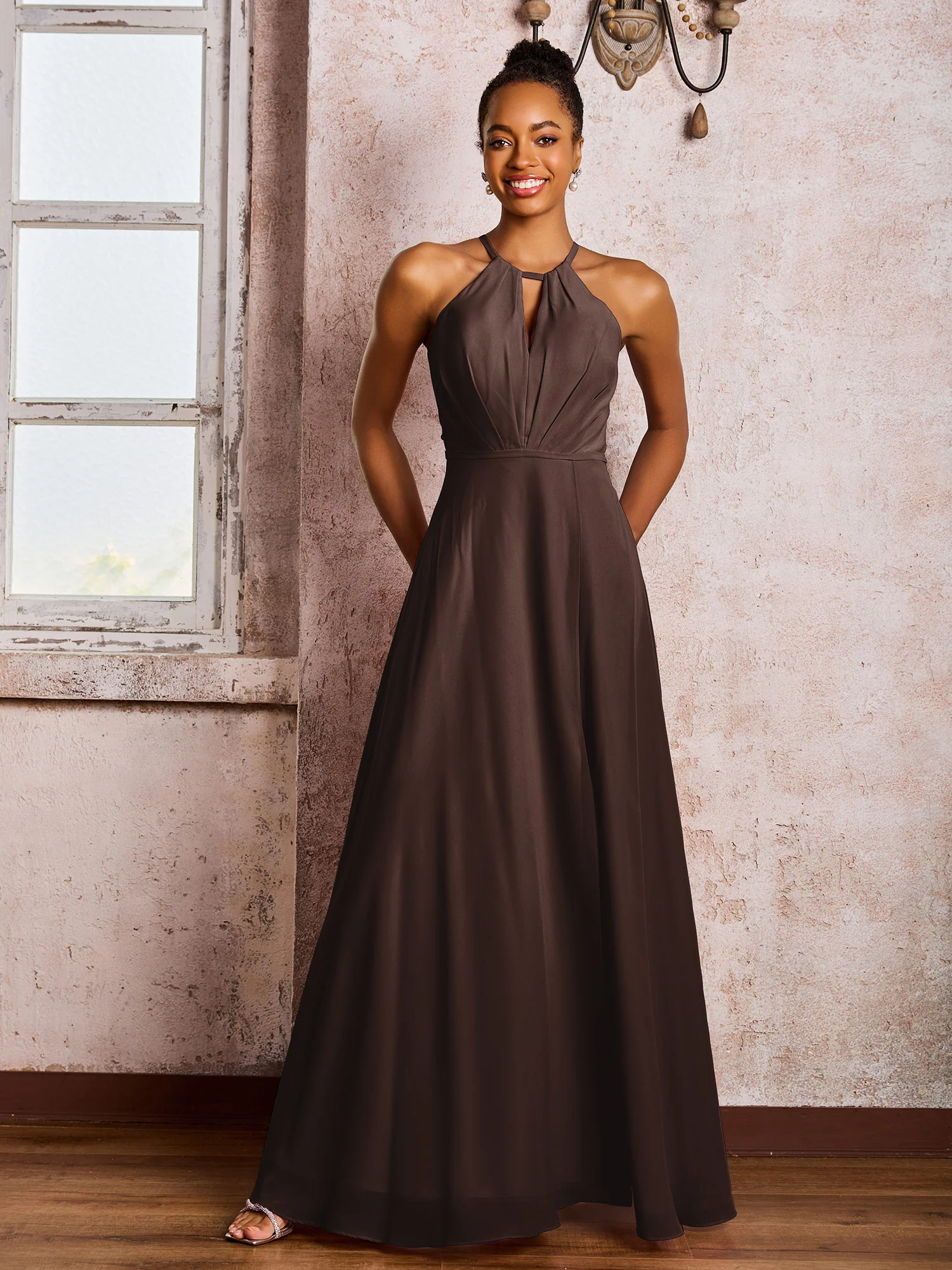 Open Back Halter Bow Chiffon Long Dresses with Slit Chocolate - Image 3