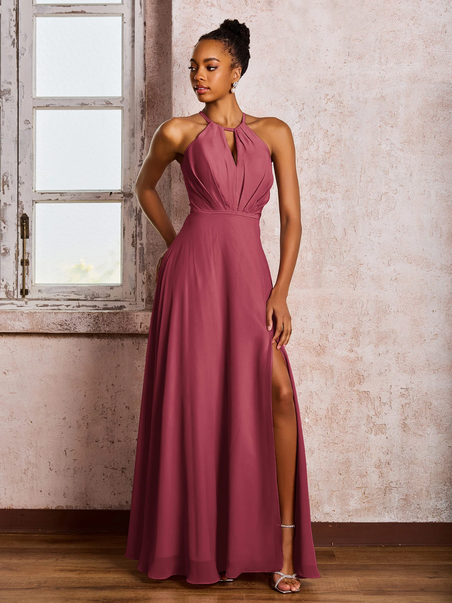 Open Back Halter Bow Chiffon Long Dresses with Slit Cinnamon Rose