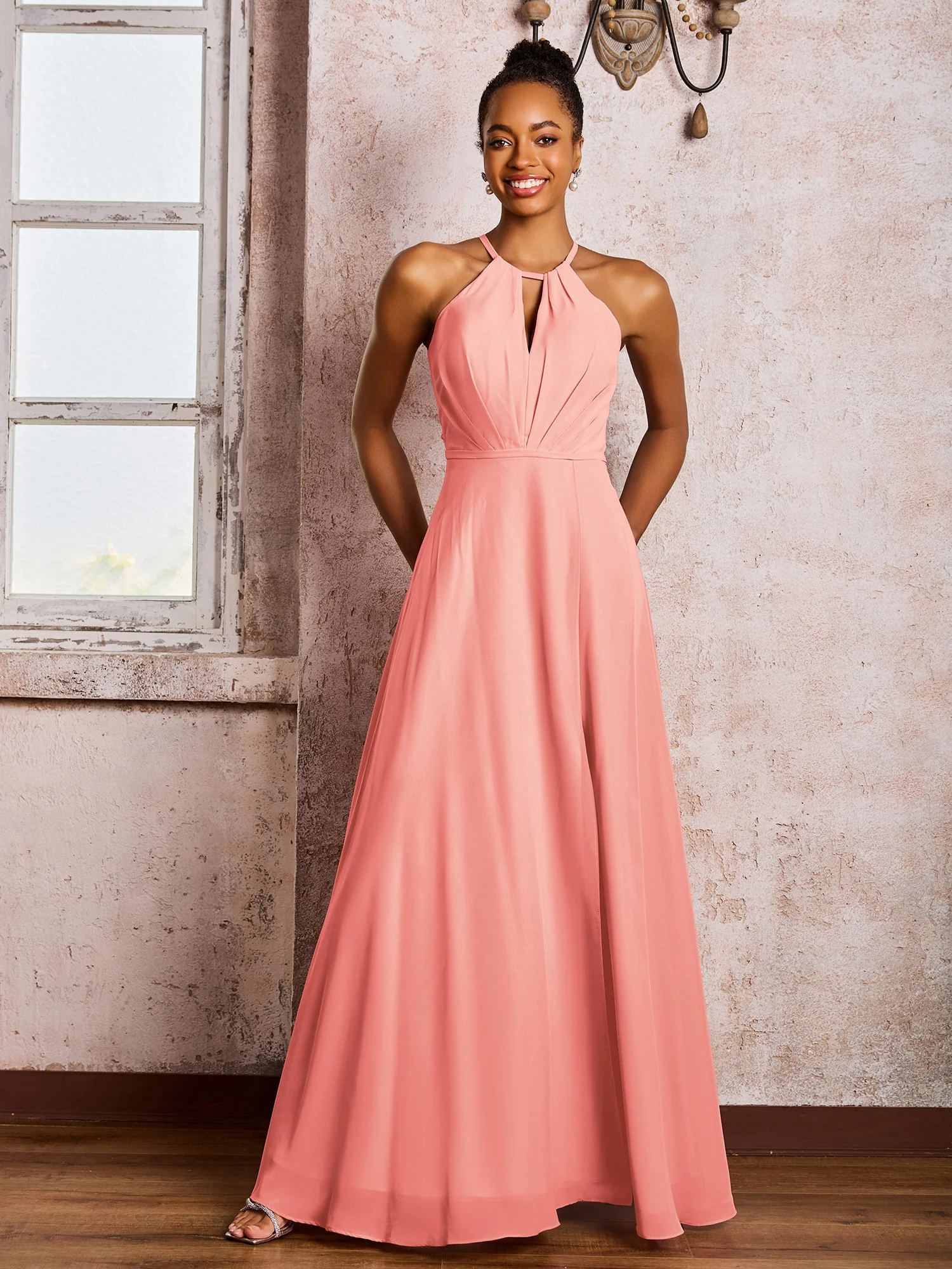 Open Back Halter Bow Chiffon Long Dresses with Slit Coral - Image 3