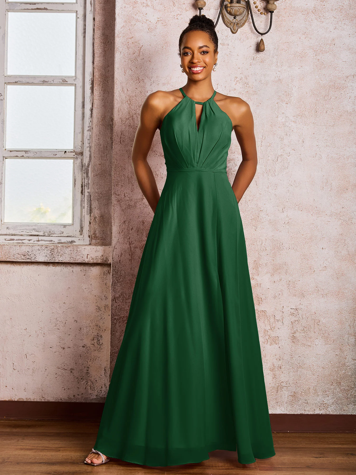 Open Back Halter Bow Chiffon Long Dresses with Slit Dark Green - Image 3
