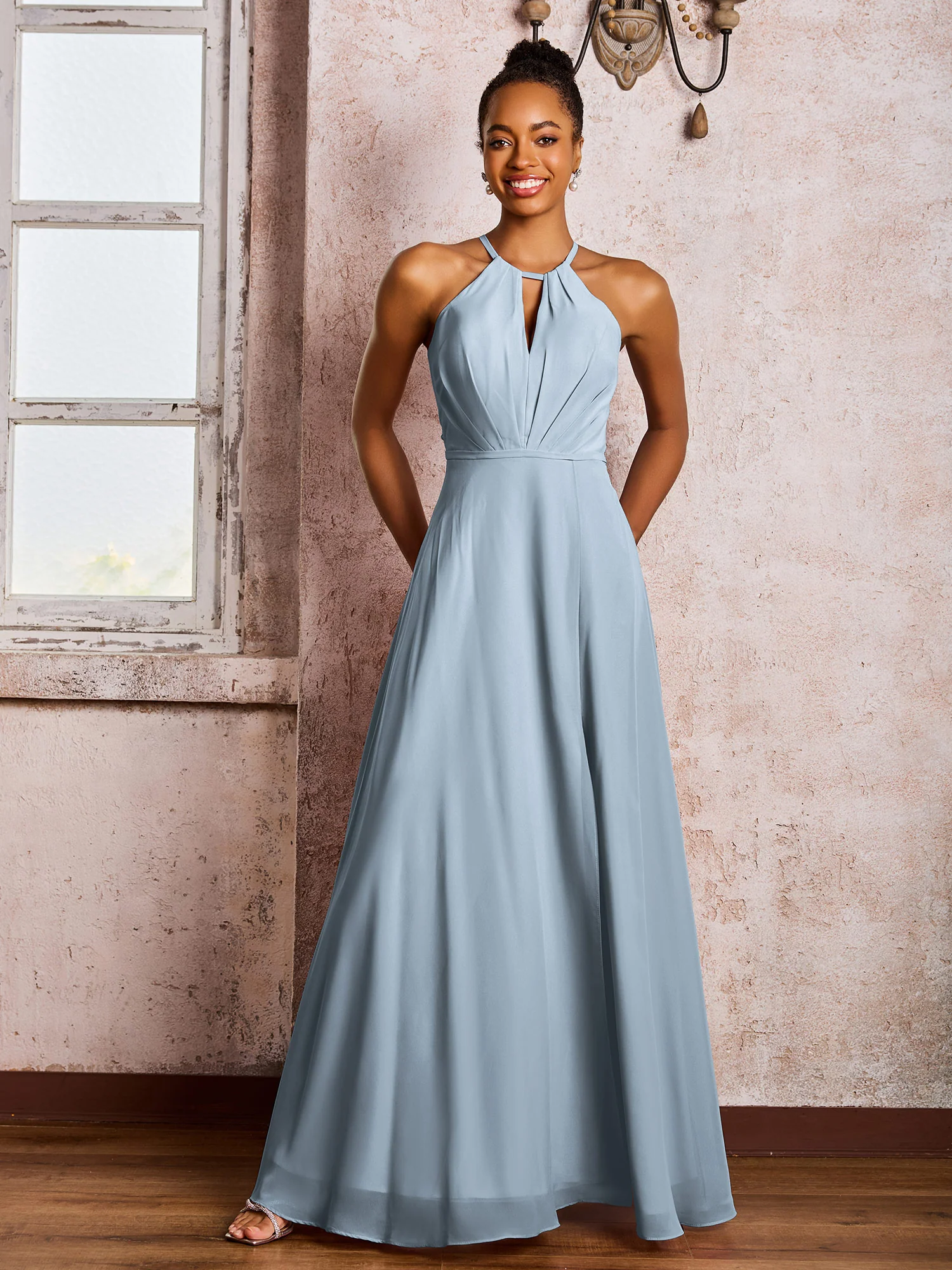 Open Back Halter Bow Chiffon Long Dresses with Slit Dusty Blue - Image 3