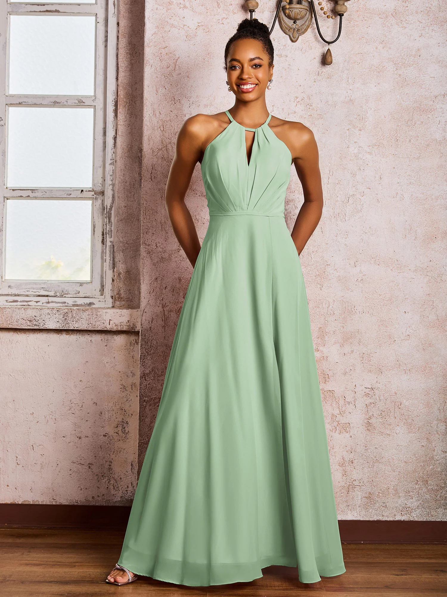 Open Back Halter Bow Chiffon Long Dresses with Slit Dusty Sage - Image 3
