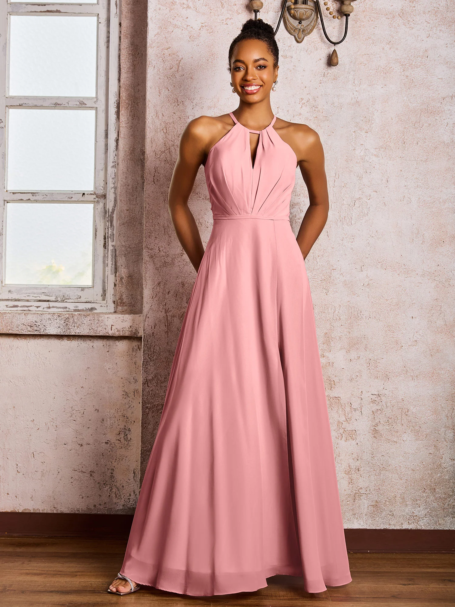 Open Back Halter Bow Chiffon Long Dresses with Slit Flamingo - Image 3