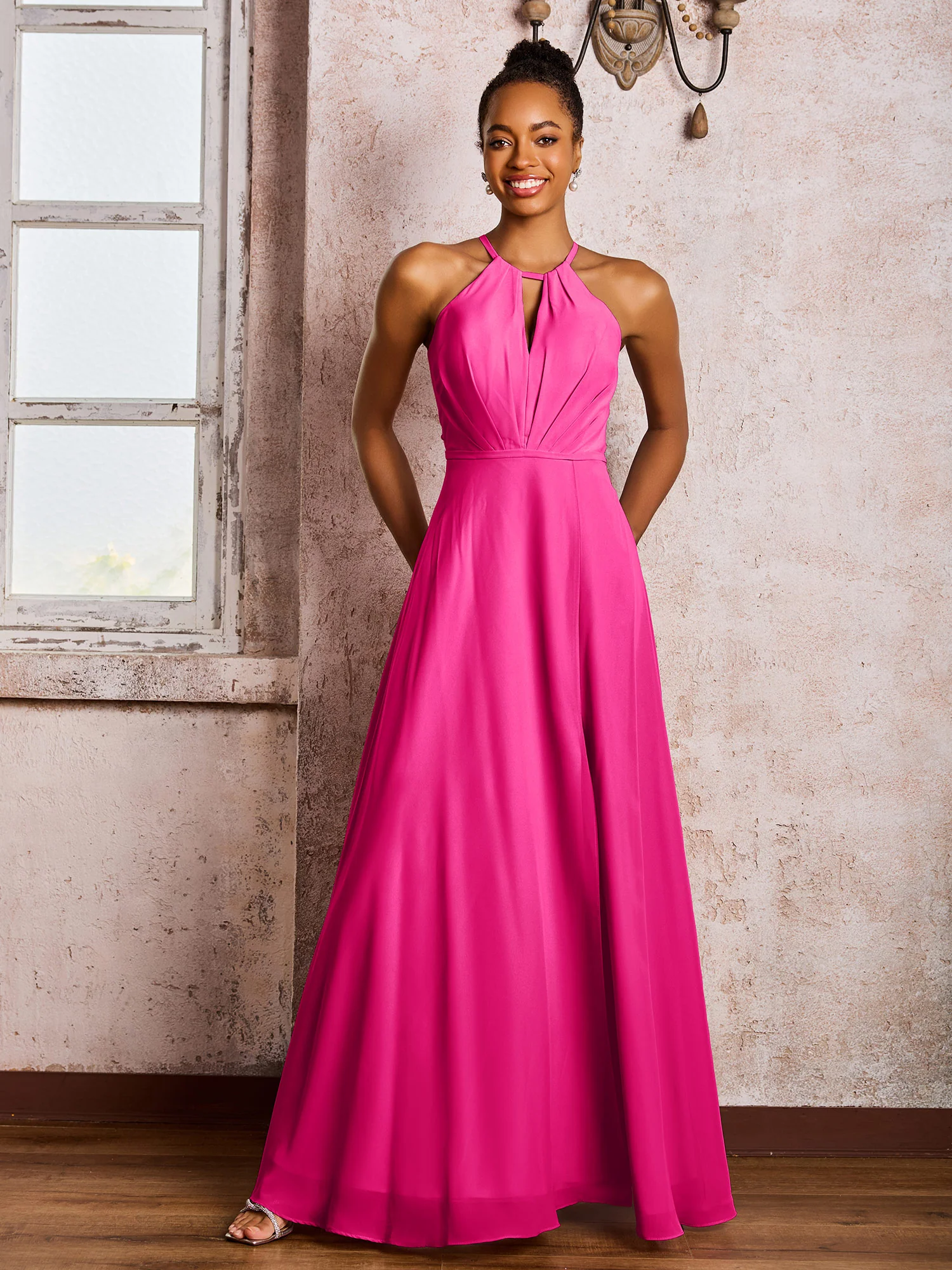 Open Back Halter Bow Chiffon Long Dresses with Slit Fuchsia - Image 3