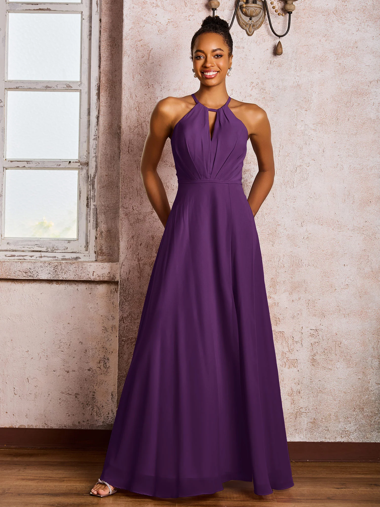 Open Back Halter Bow Chiffon Long Dresses with Slit Grape - Image 3