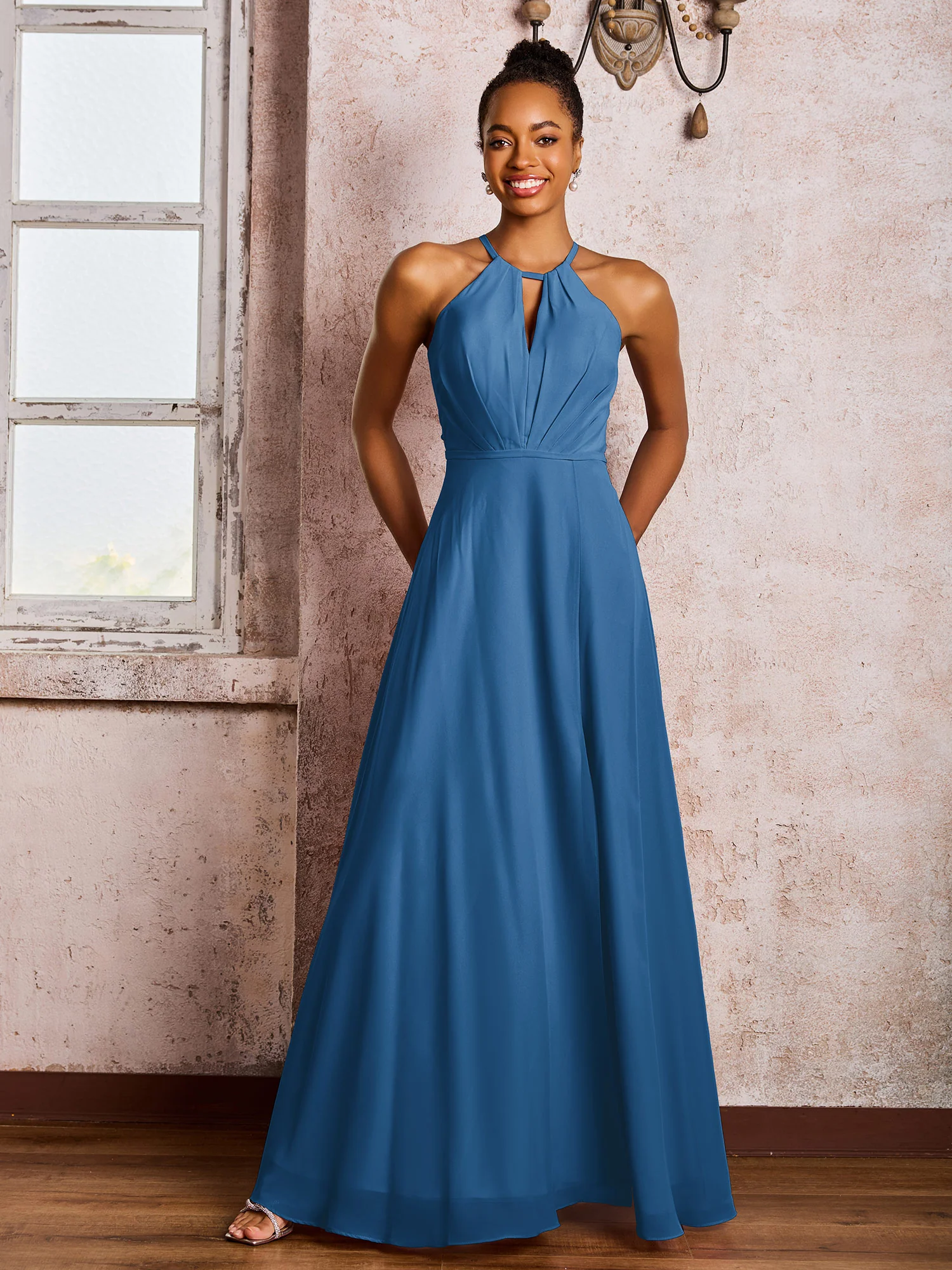 Open Back Halter Bow Chiffon Long Dresses with Slit Ink Blue - Image 3