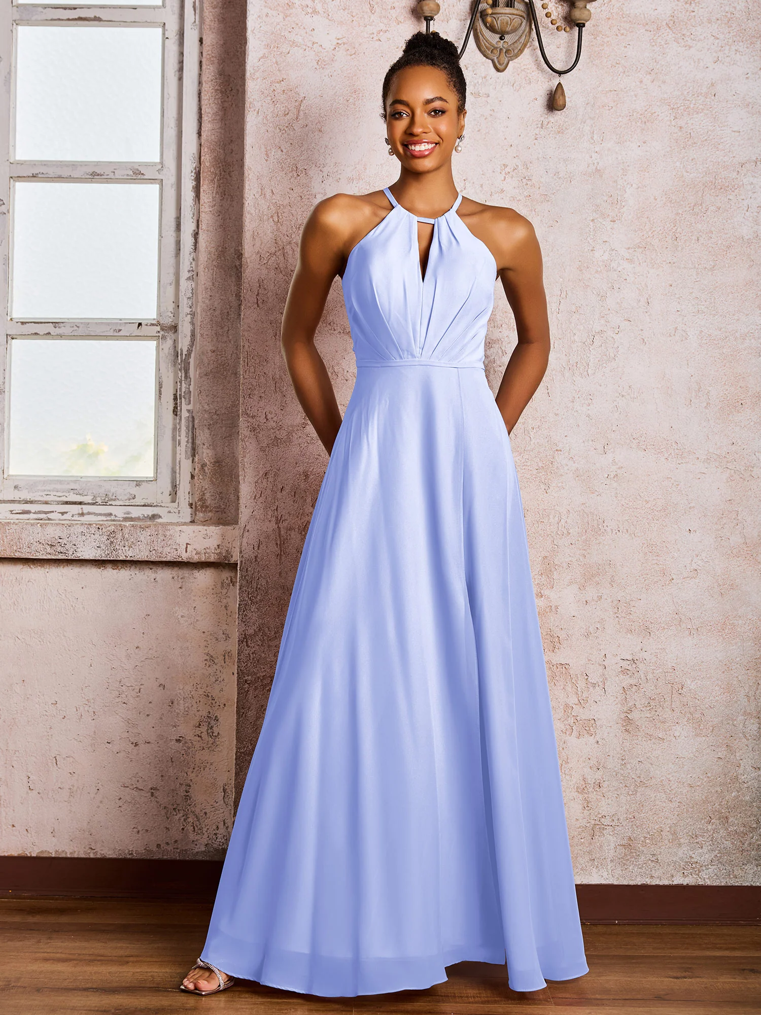 Open Back Halter Bow Chiffon Long Dresses with Slit Lavender - Image 3