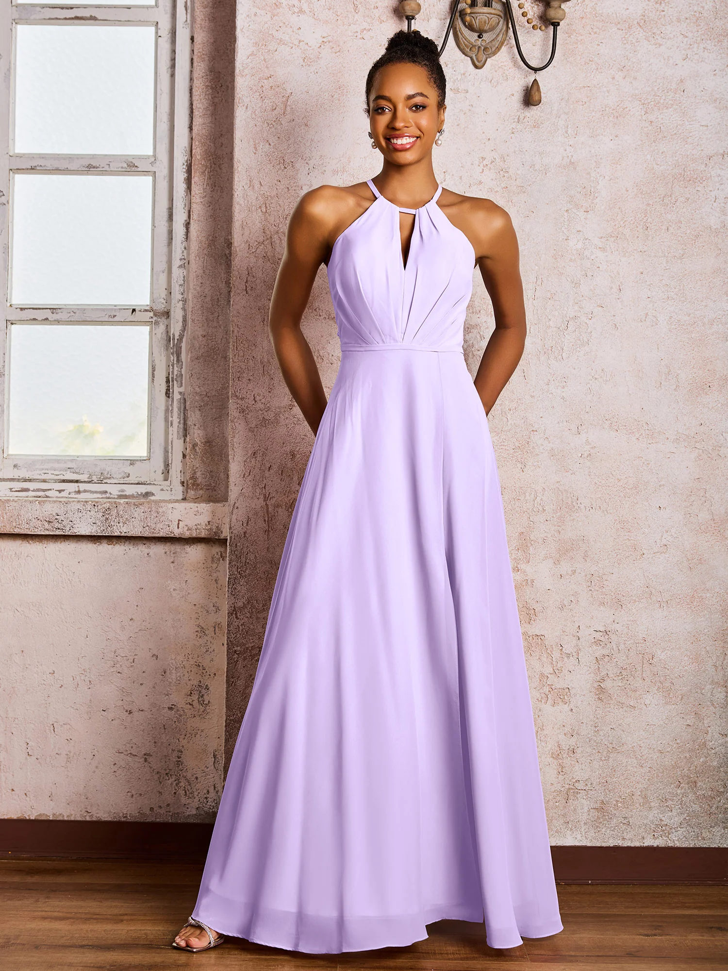 Open Back Halter Bow Chiffon Long Dresses with Slit Lilac - Image 3