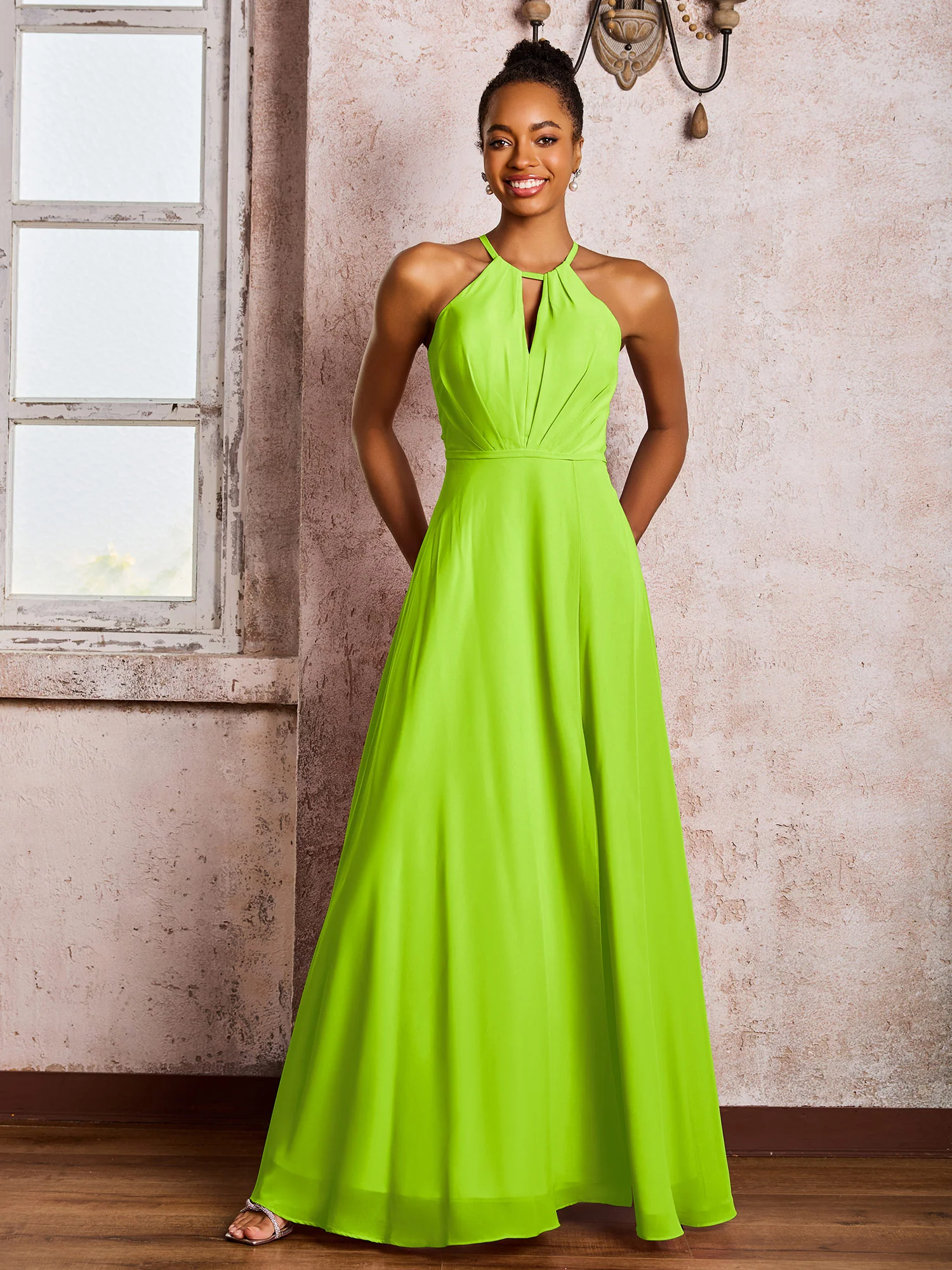 Open Back Halter Bow Chiffon Long Dresses with Slit Lime Green - Image 3