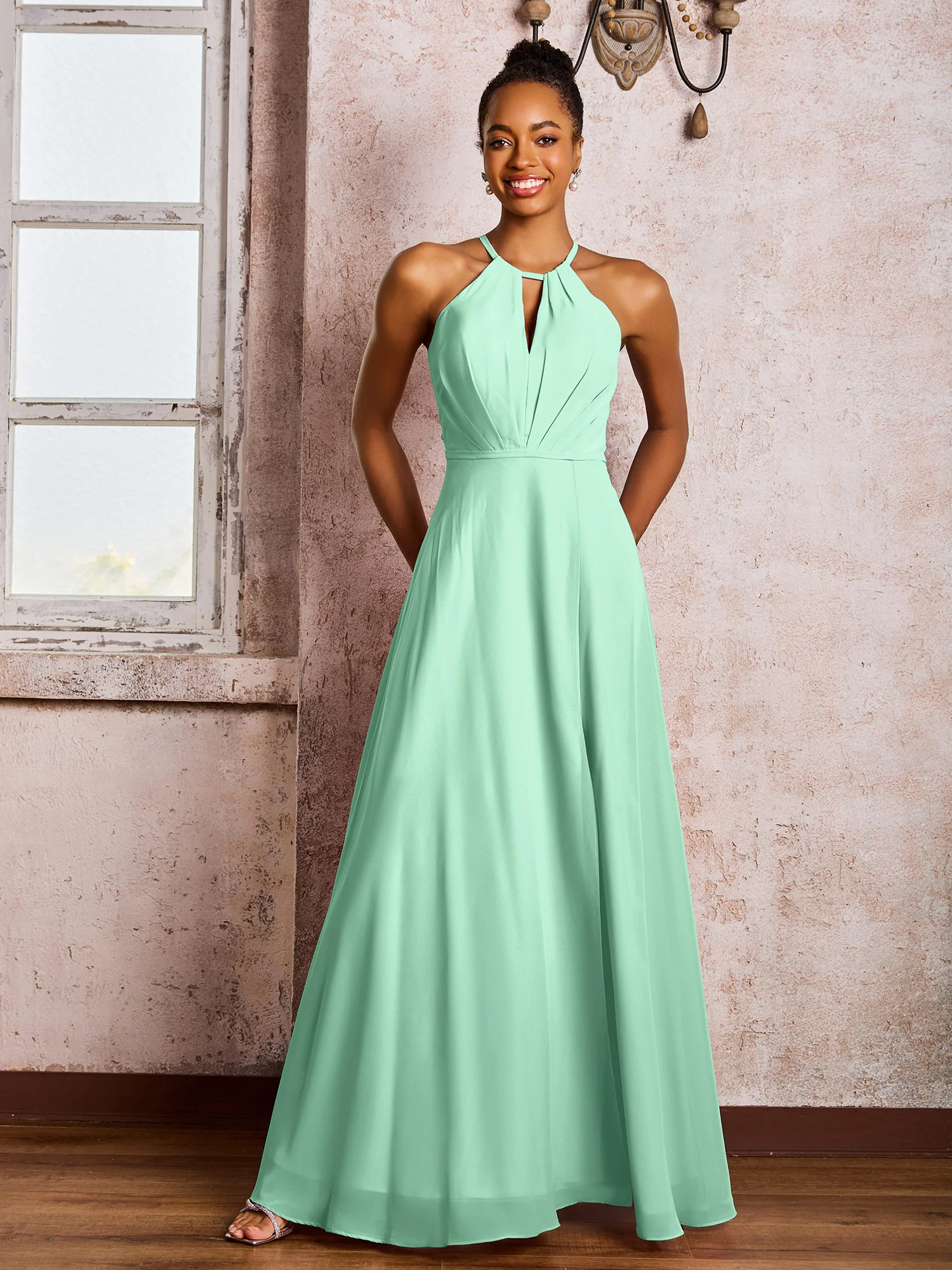Open Back Halter Bow Chiffon Long Dresses with Slit Mint Green - Image 3
