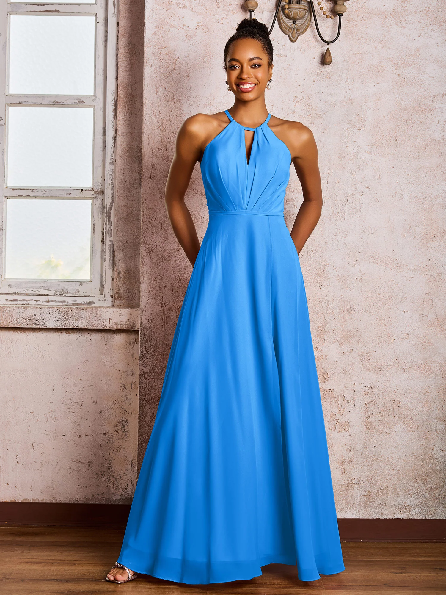 Open Back Halter Bow Chiffon Long Dresses with Slit Ocean Blue - Image 3