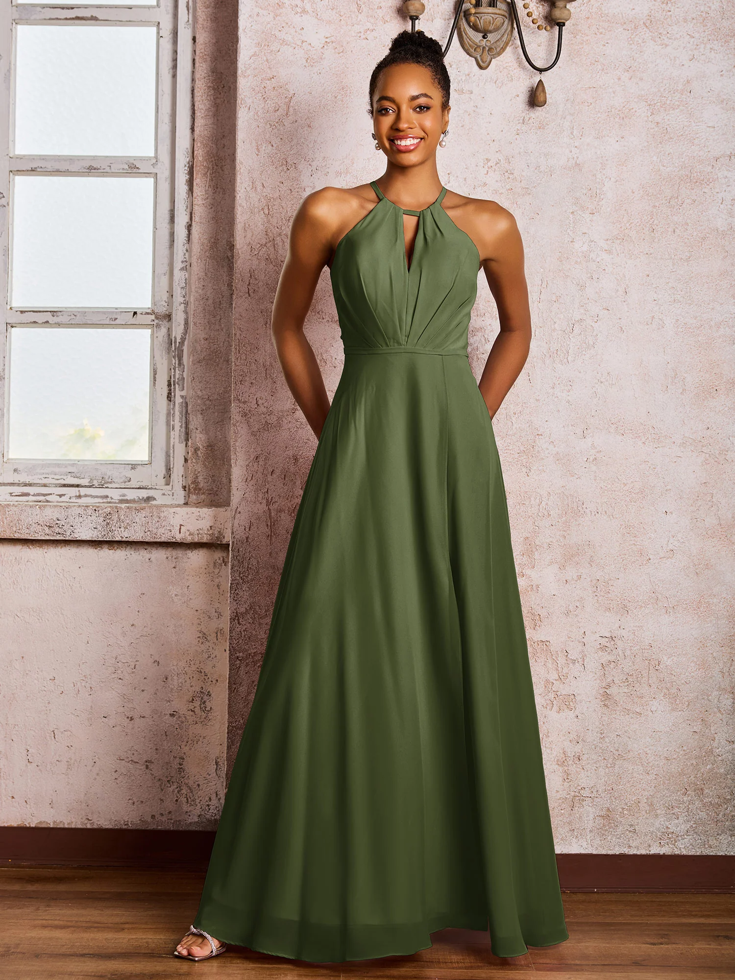 Open Back Halter Bow Chiffon Long Dresses with Slit Olive Green - Image 3