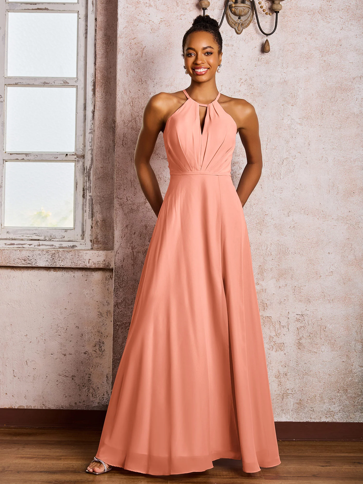 Open Back Halter Bow Chiffon Long Dresses with Slit Papaya - Image 3