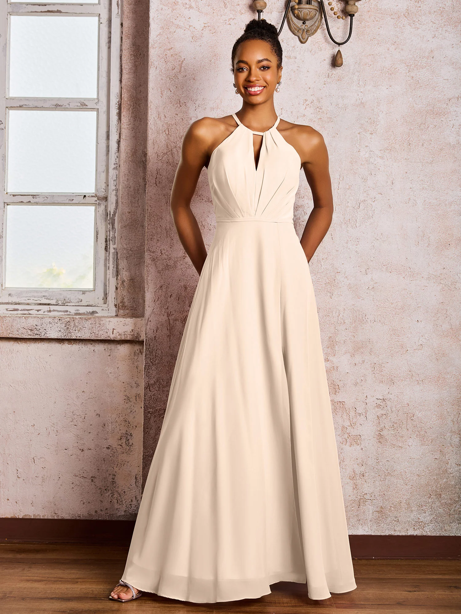 Open Back Halter Bow Chiffon Long Dresses with Slit Peach - Image 3
