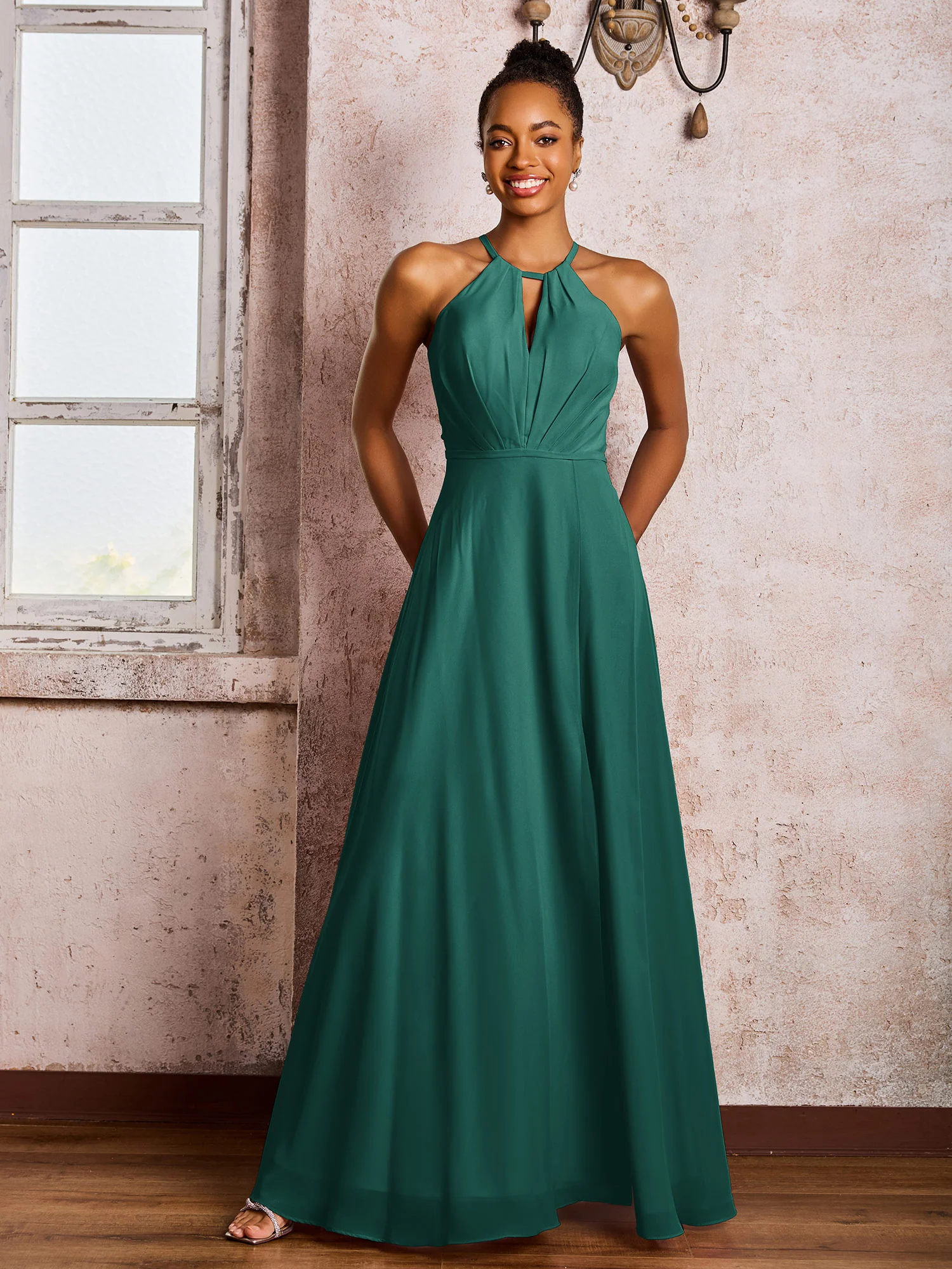 Open Back Halter Bow Chiffon Long Dresses with Slit Peacock - Image 3