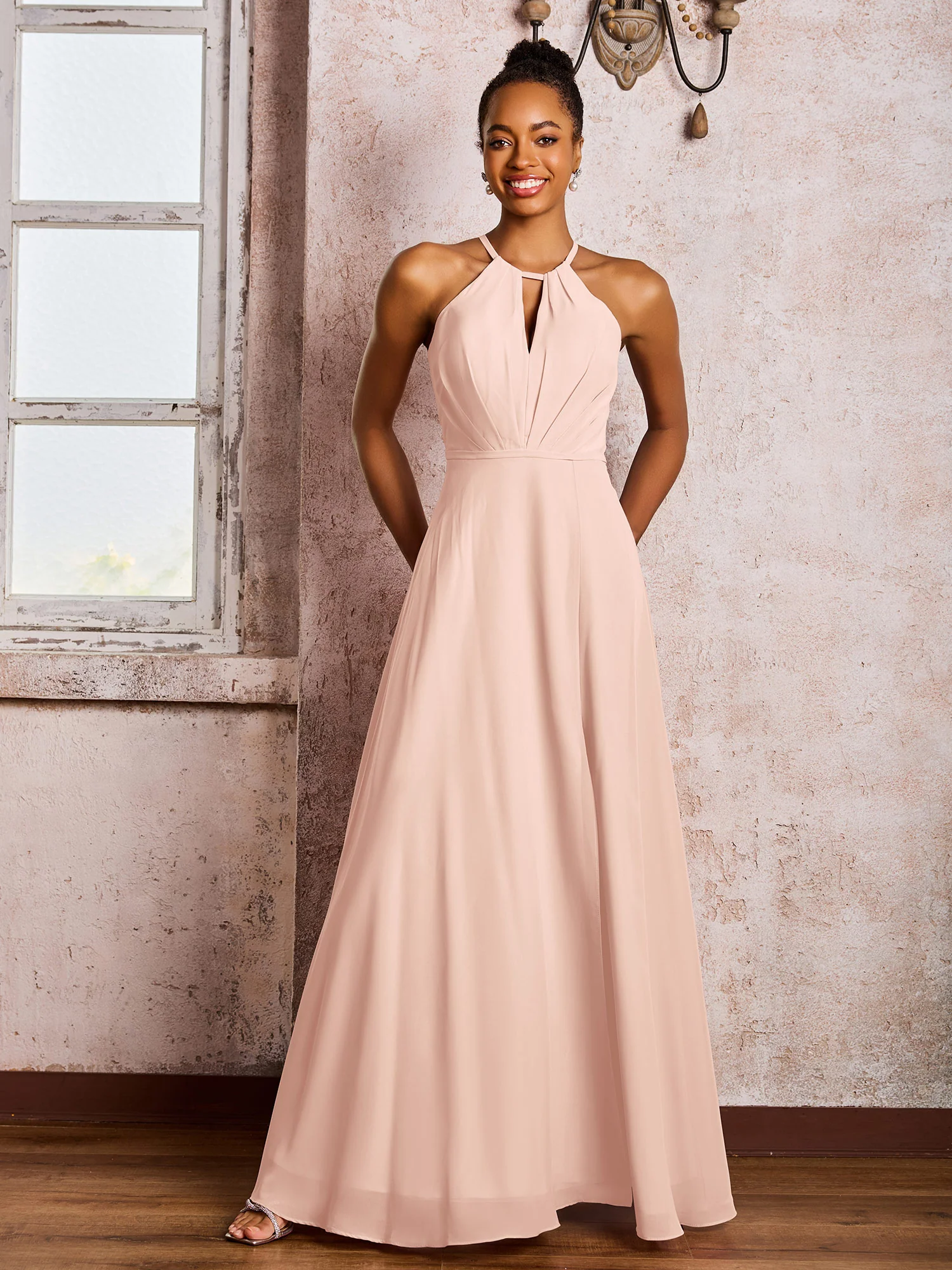 Open Back Halter Bow Chiffon Long Dresses with Slit Pearl Pink - Image 3